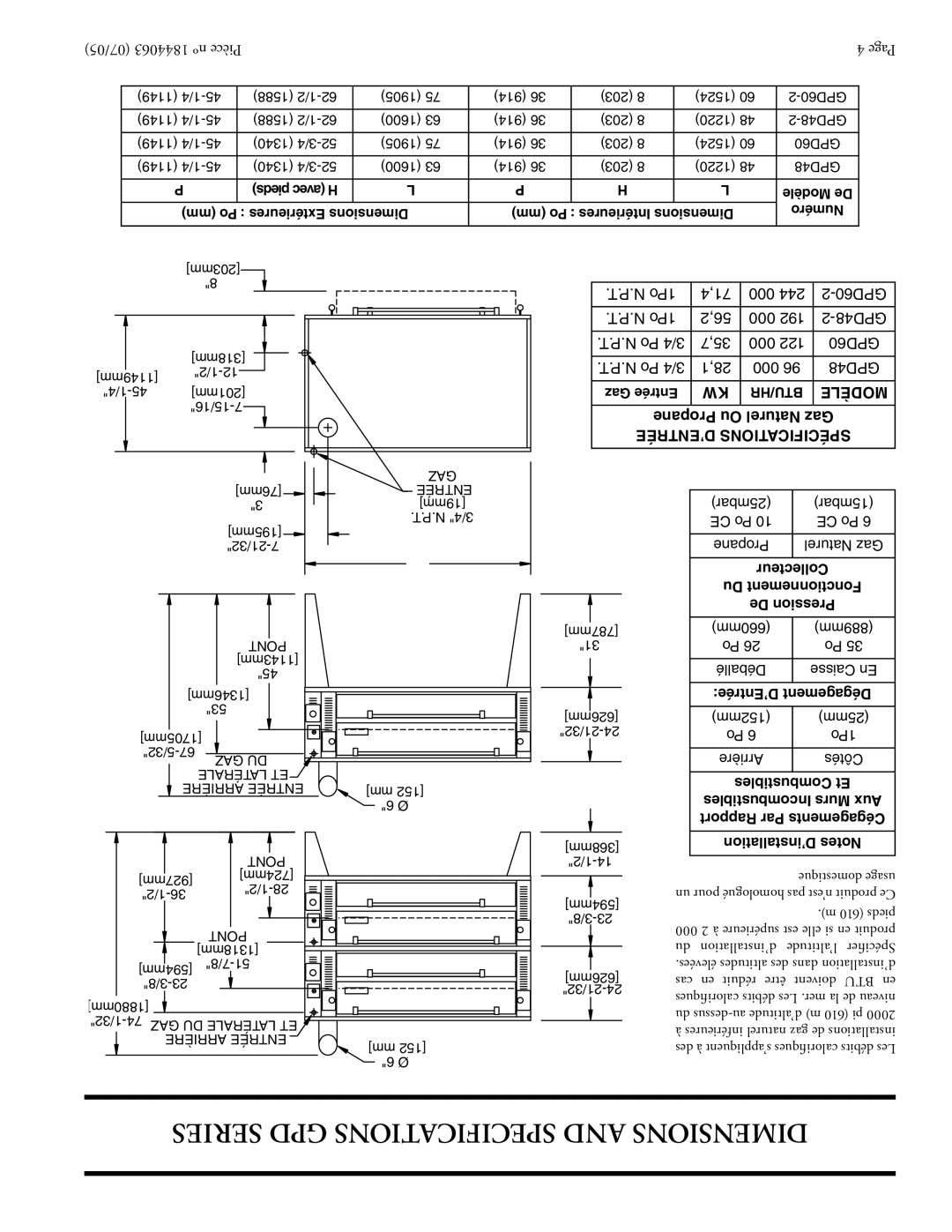 Garland GAS PIZZA OVENS installation instructions Series GPD Specifications and Dimensions, ’ENTRÉE Spécifications 