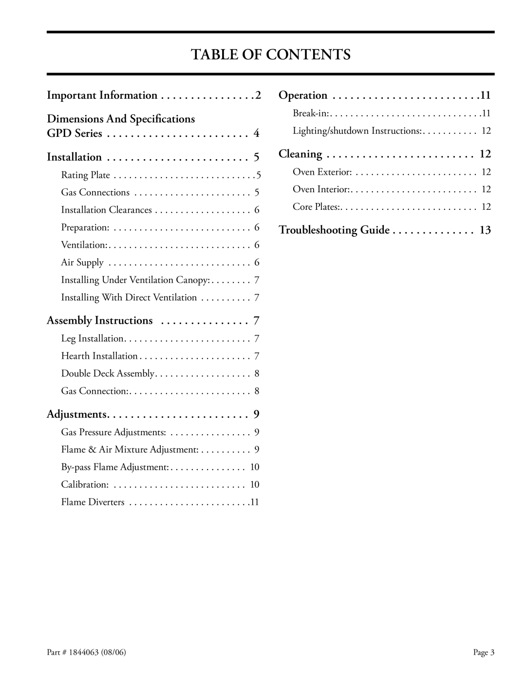 Garland GAS PIZZA OVENS installation instructions Table of Contents 