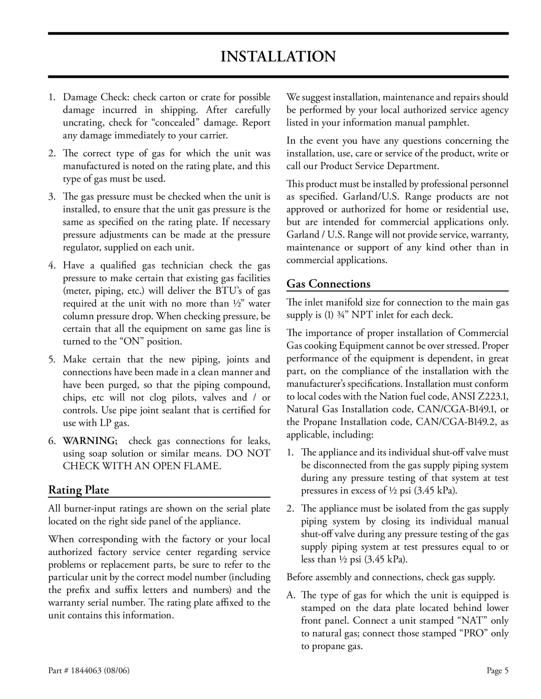 Garland GAS PIZZA OVENS installation instructions Installation, Rating Plate, Gas Connections 