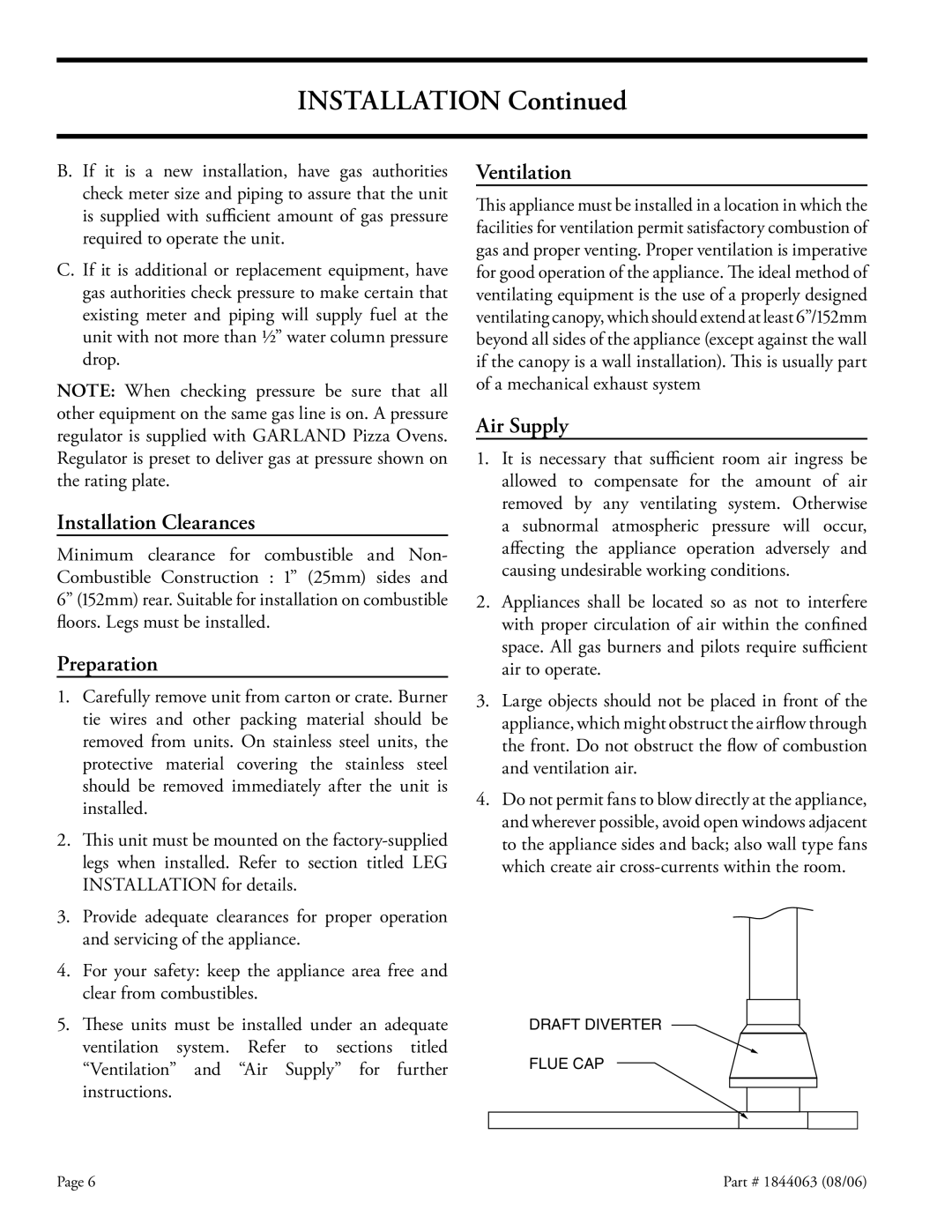 Garland GAS PIZZA OVENS installation instructions Installation Clearances, Preparation, Ventilation, Air Supply 