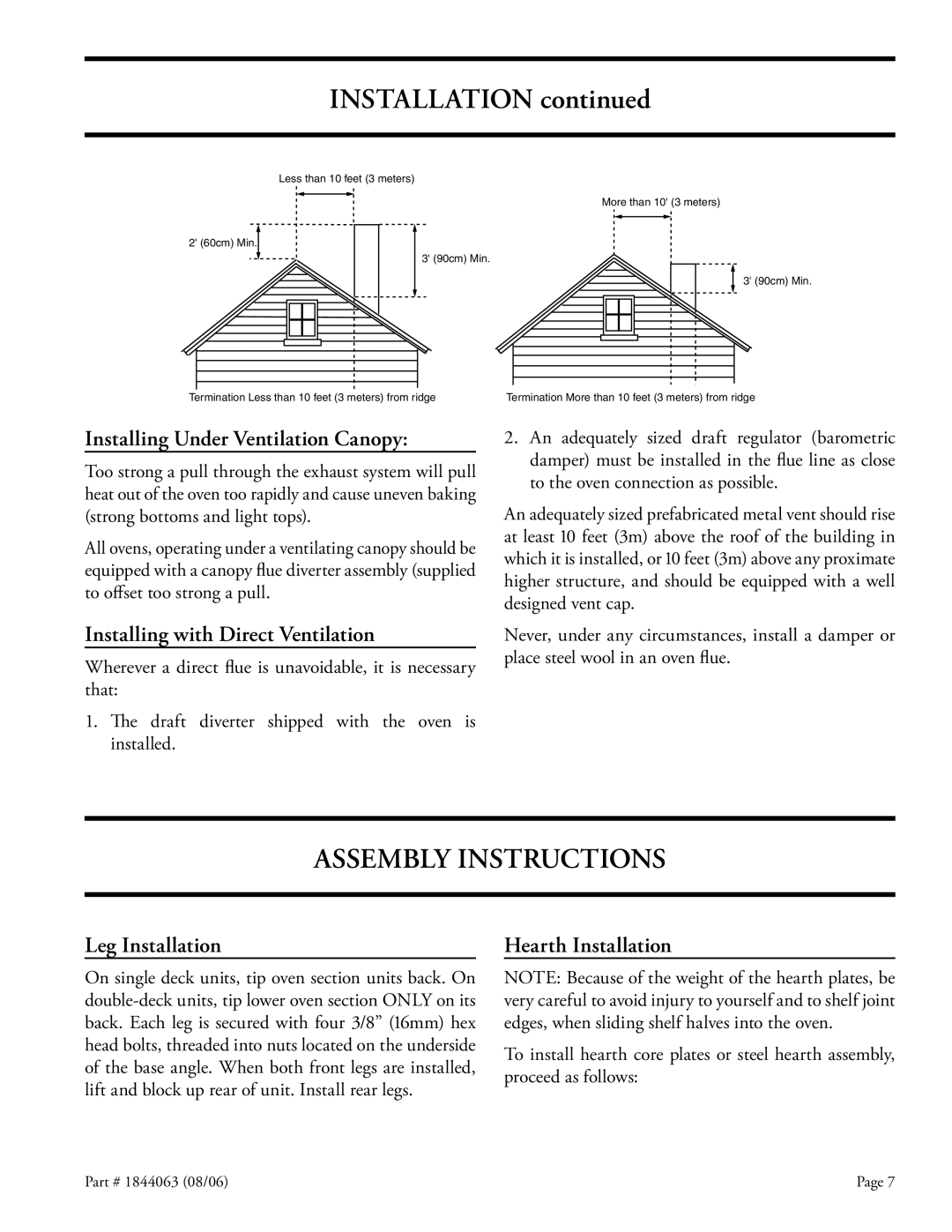 Garland GAS PIZZA OVENS Assembly Instructions, Installing Under Ventilation Canopy, Installing with Direct Ventilation 