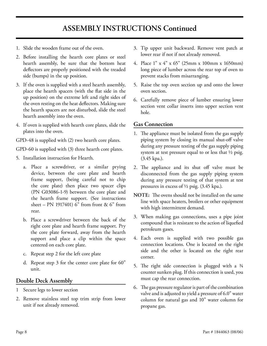 Garland GAS PIZZA OVENS installation instructions Assembly Instructions, Double Deck Assembly, Gas Connection 