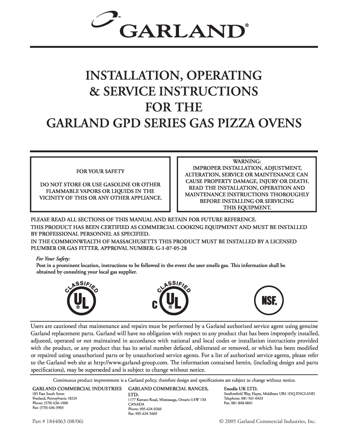 Garland GAS PIZZA OVENS installation instructions Installation, Operating Service Instructions For The, For Your Safety 