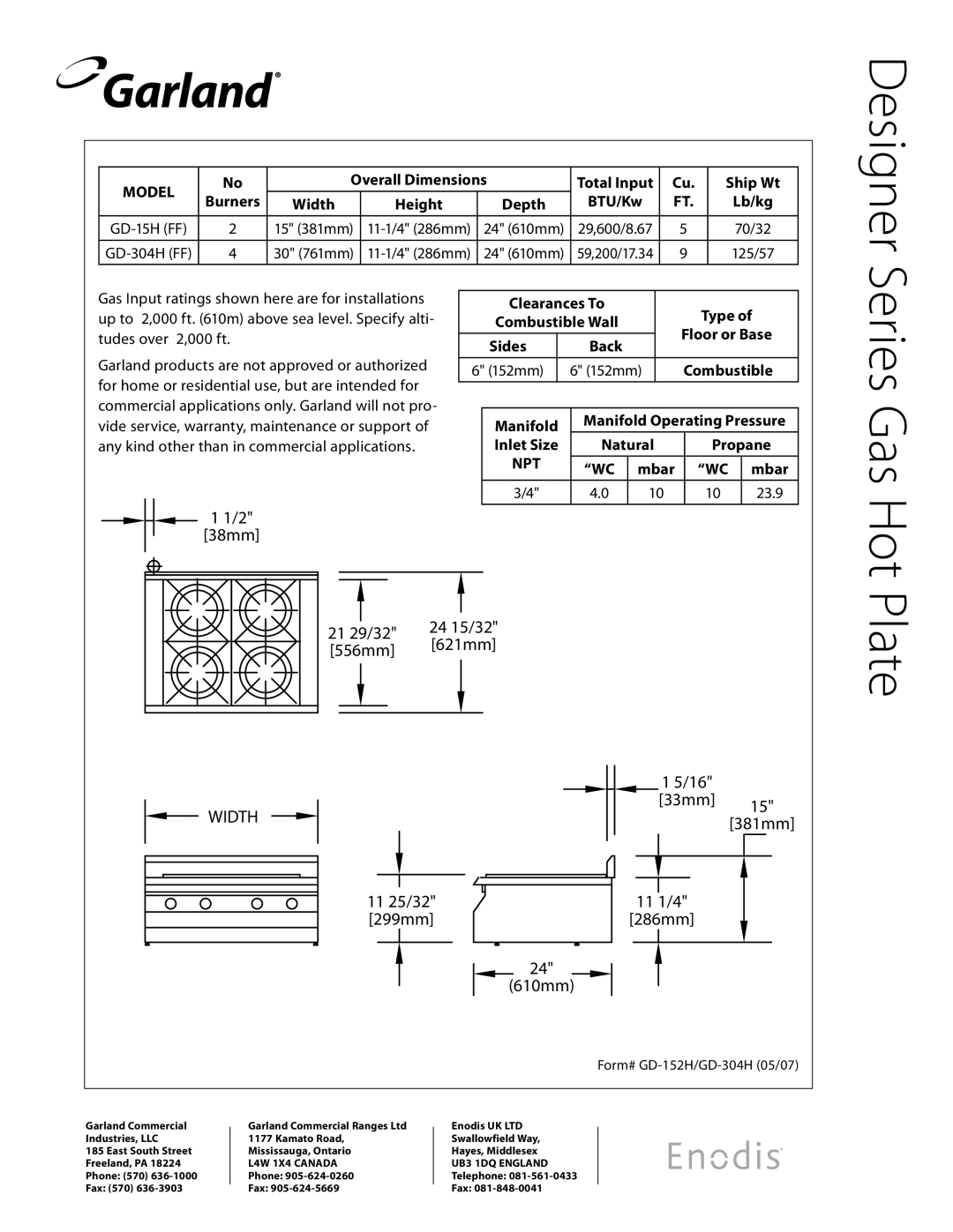 Garland GD-152HFF, GD-304HFF Designer, Plate, 2 38mm, 24 15/32, 11 25/32 299mm 33mm 15 381mm 11 1/4 286mm 610mm 