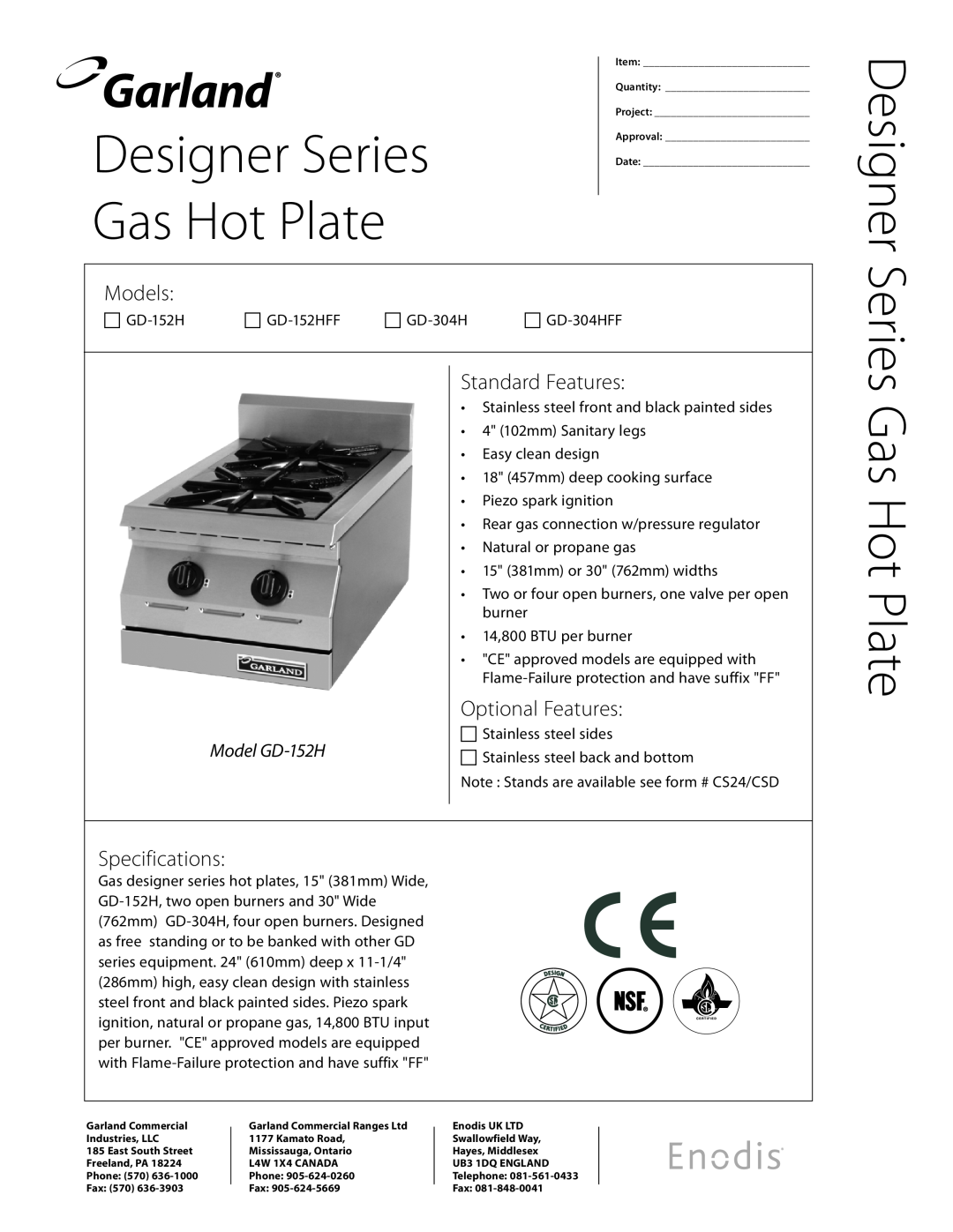 Garland GD-152HFF, GD-304H specifications Designer Series Gas Hot Plate, Models, Standard Features, Optional Features 