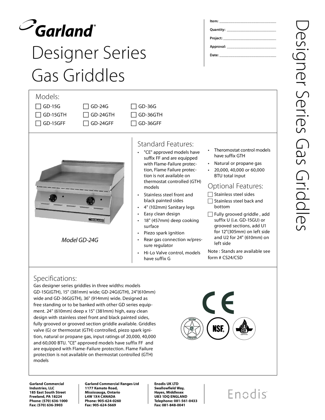 Garland GD-15GFF, GD-24G, GD-15GTH, GD-36GTH, GD-36GFF specifications Standard Features, Optional Features, Specifications 