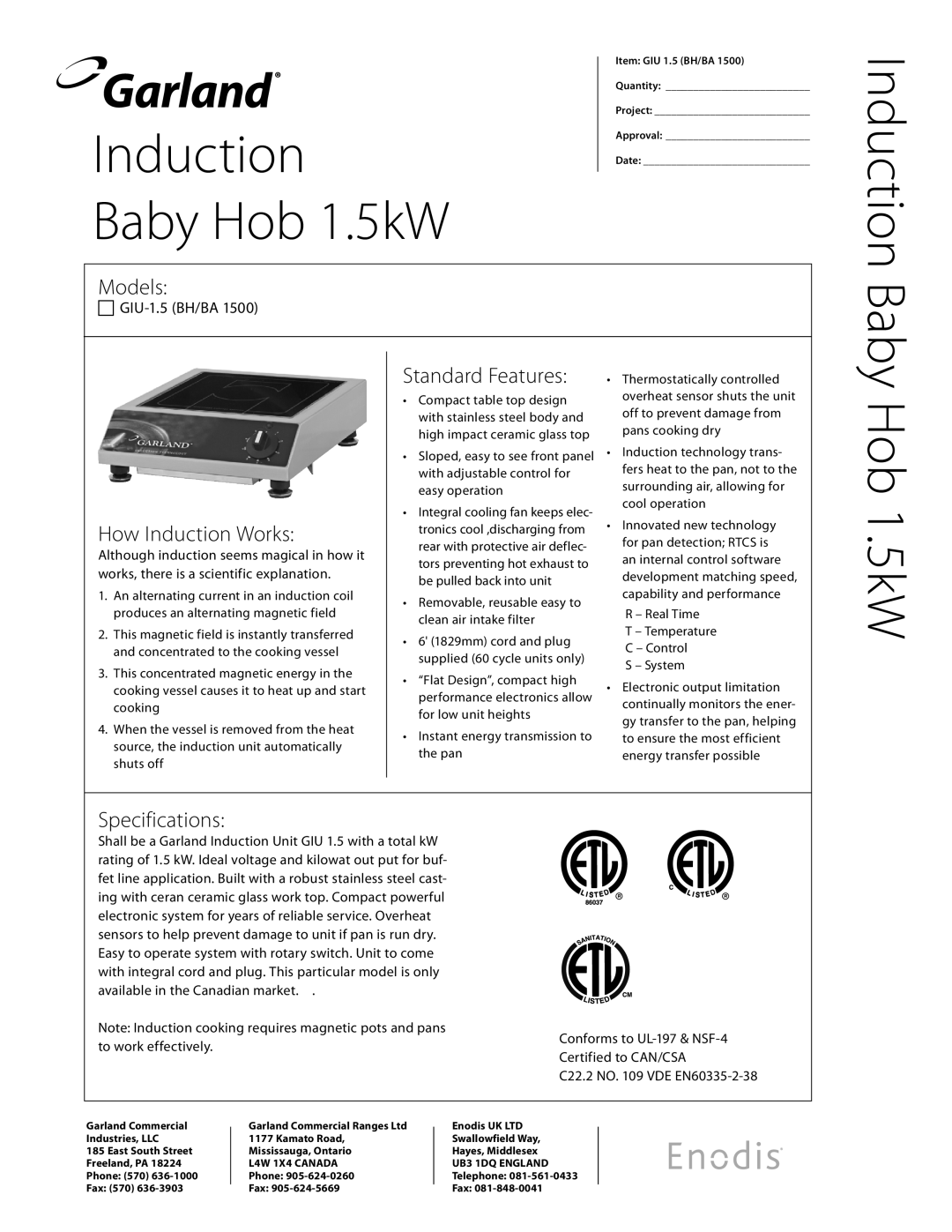 Garland GIU-1.5 (BH/BA 1500) specifications Baby Hob 1.5kW, Models, How Induction Works, Standard Features, Specifications 