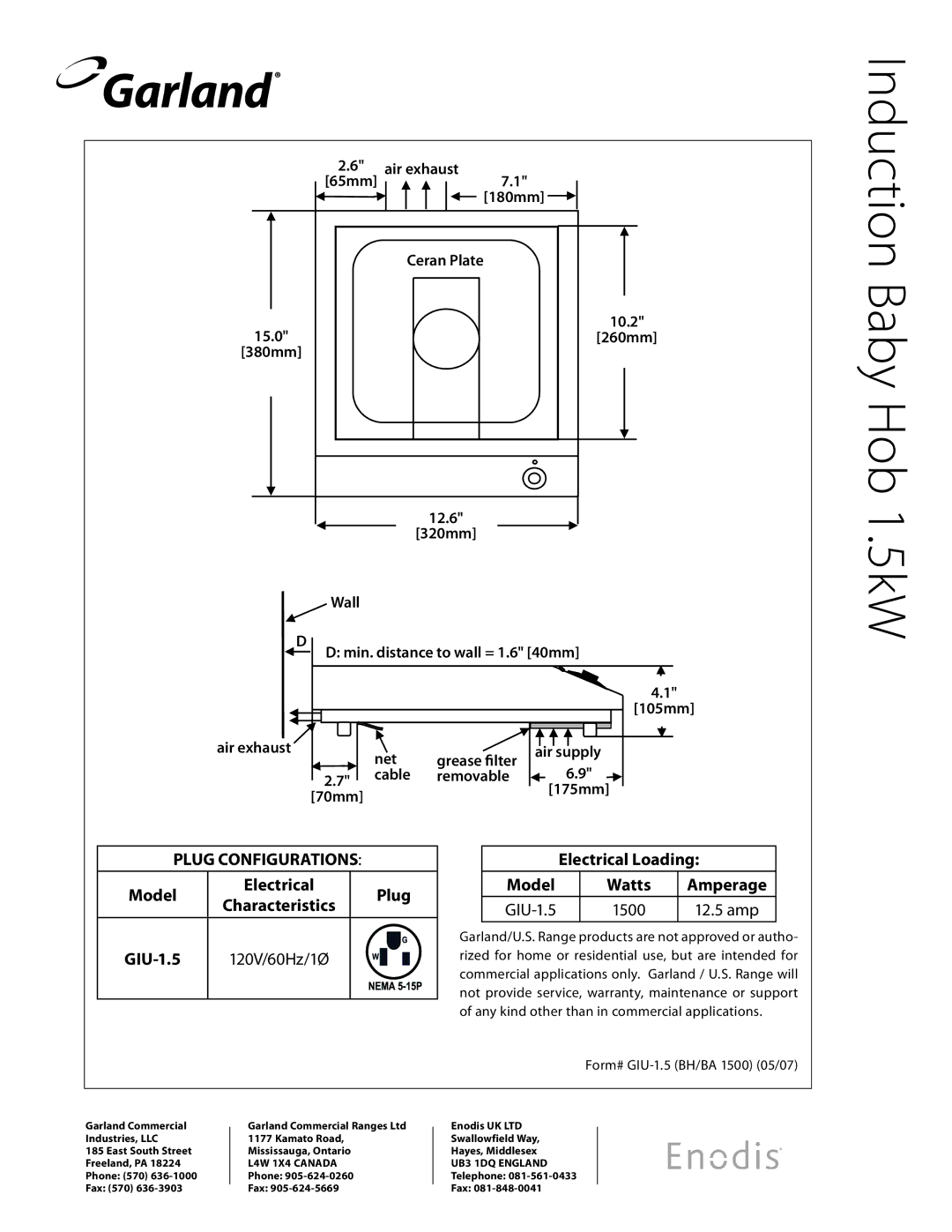 Garland GIU-1.5 (BH/BA 1500) specifications Induction Baby Hob 1.5kW, Form# GIU-1.5 BH/BA 1500 05/07 