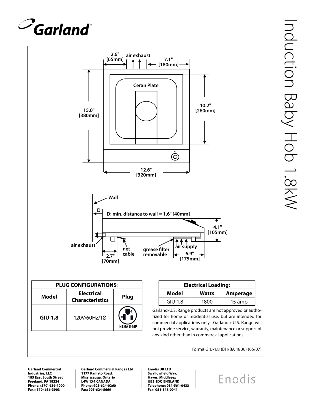 Garland GIU 1.8 specifications Induction Baby Hob 1.8kW, Form# GIU-1.8 BH/BA 1800 05/07 