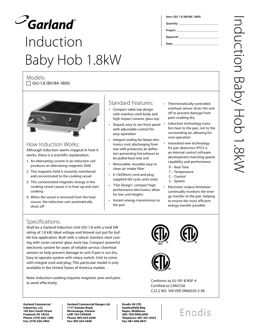 Garland GIU 1.8 specifications Baby Hob 1.8kW, Models, How Induction Works, Standard Features, Specifications 