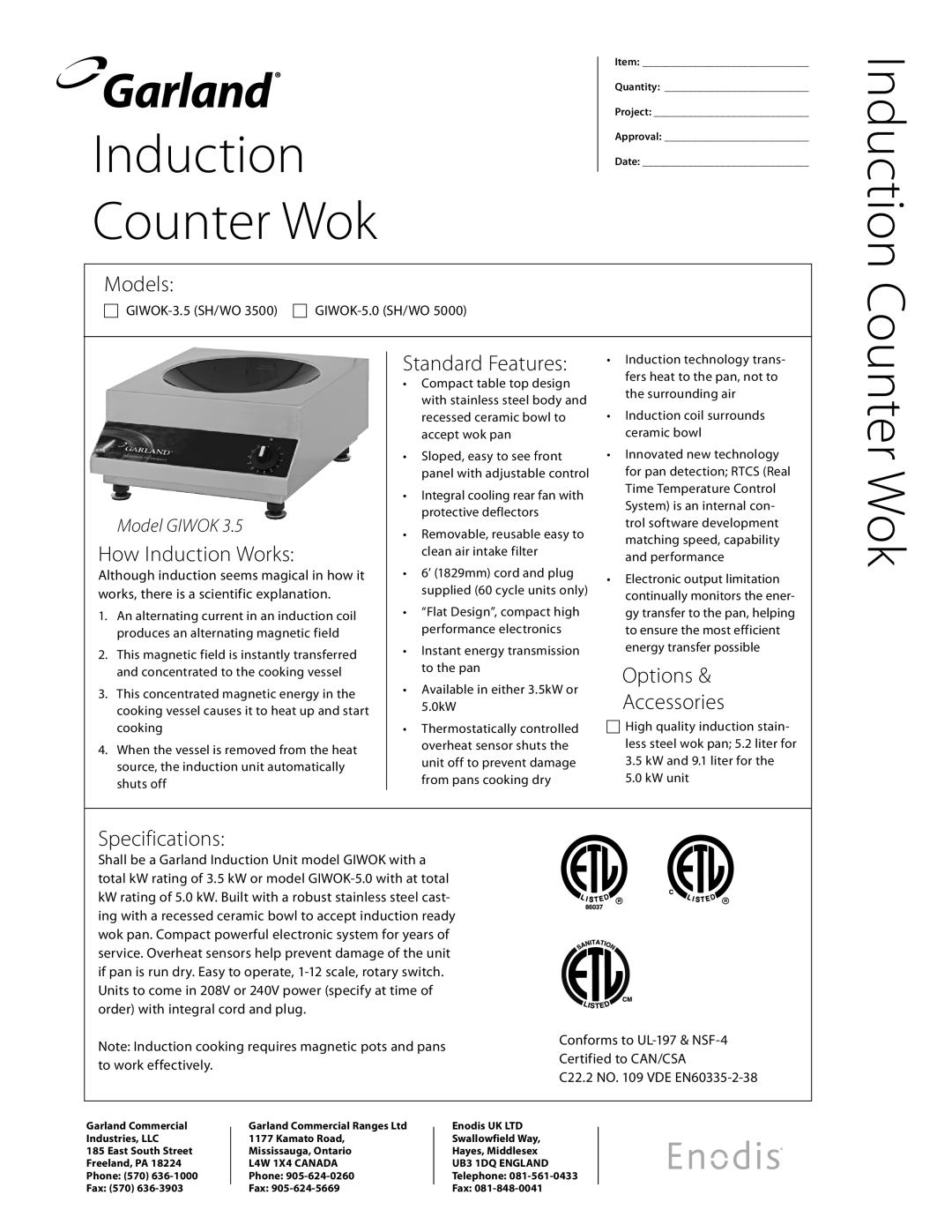 Garland GIWOK-5.0 (SH/WO 5000), GIWOK-3.5 (SH/WO 3500) specifications Induction, Counter Wok 