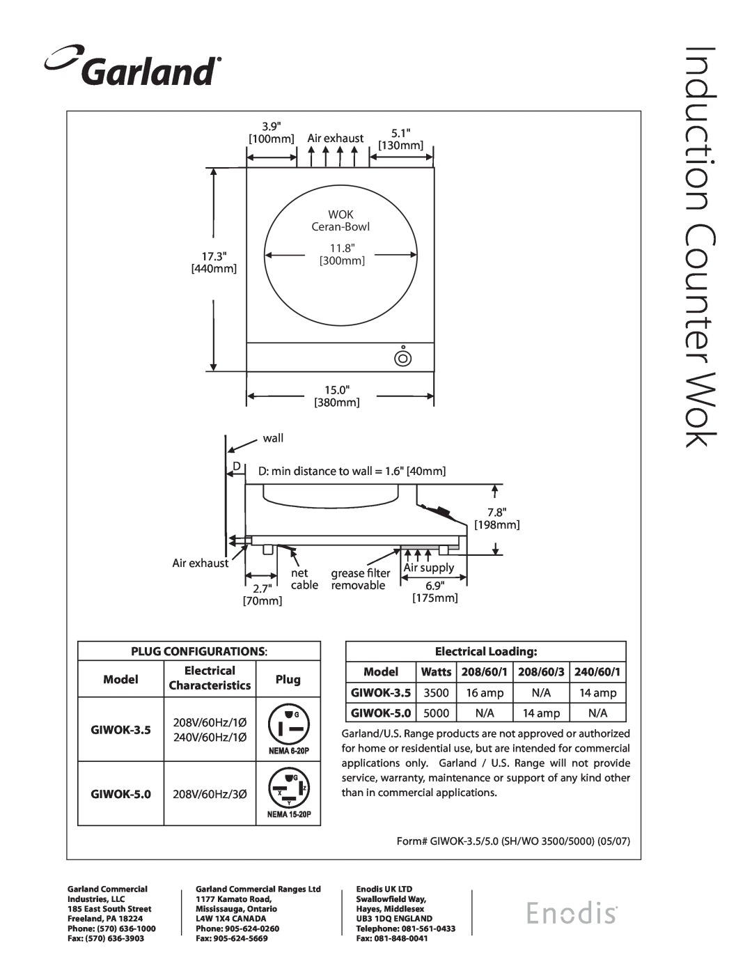 Garland GIWOK-3.5 (SH/WO 3500), GIWOK-5.0 (SH/WO 5000) specifications Induction Counter Wok 