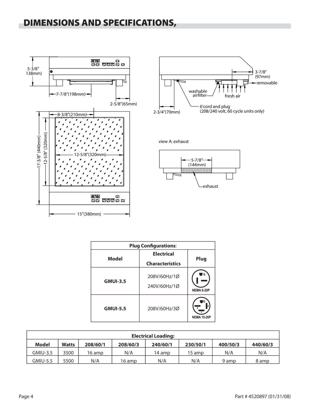 Garland GMIU3.5, GMIU5.5 operation manual Dimensions and Specifications 