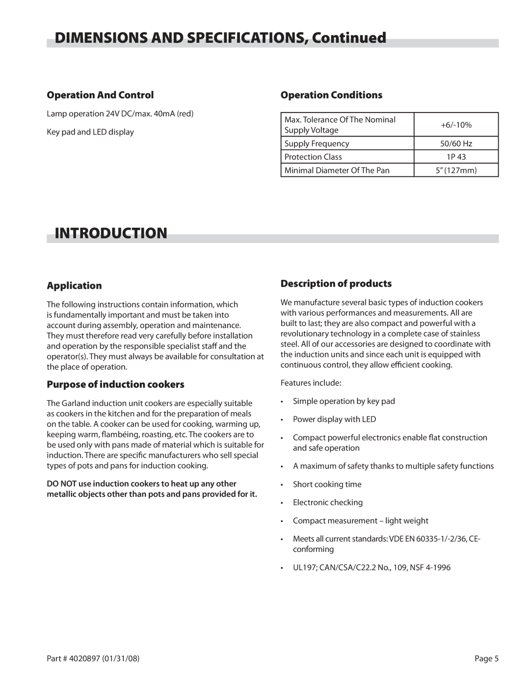 Garland GMIU5.5, GMIU3.5 operation manual Dimensions and Specifications, Introduction 