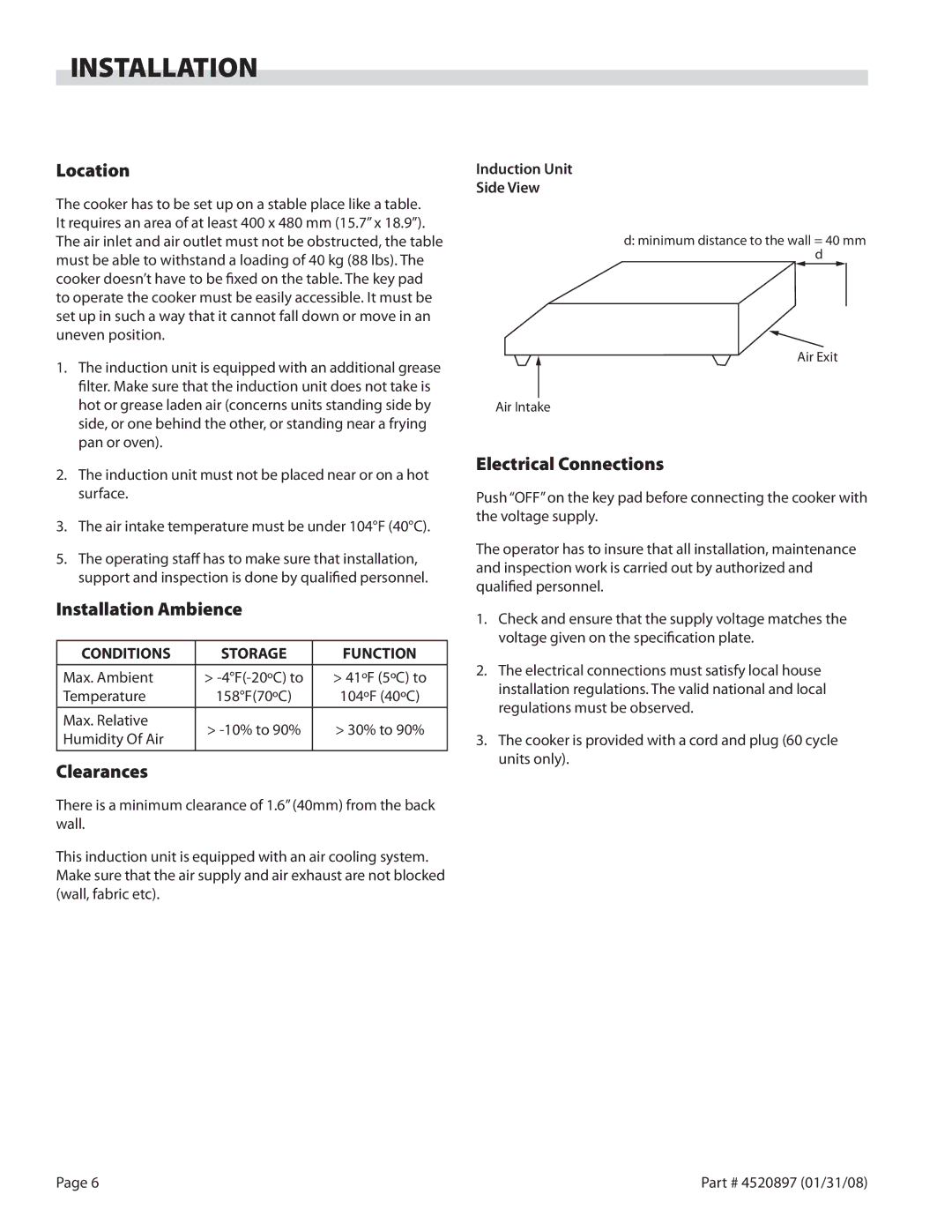 Garland GMIU3.5, GMIU5.5 operation manual Location, Installation Ambience, Clearances, Electrical Connections 