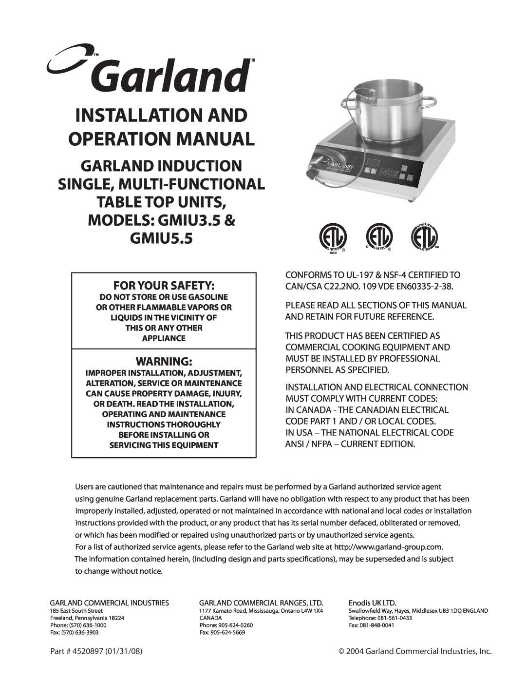 Garland operation manual Garland Induction Single, Multi-Functional, TABLE TOP UNITS MODELS GMIU3.5 & GMIU5.5 