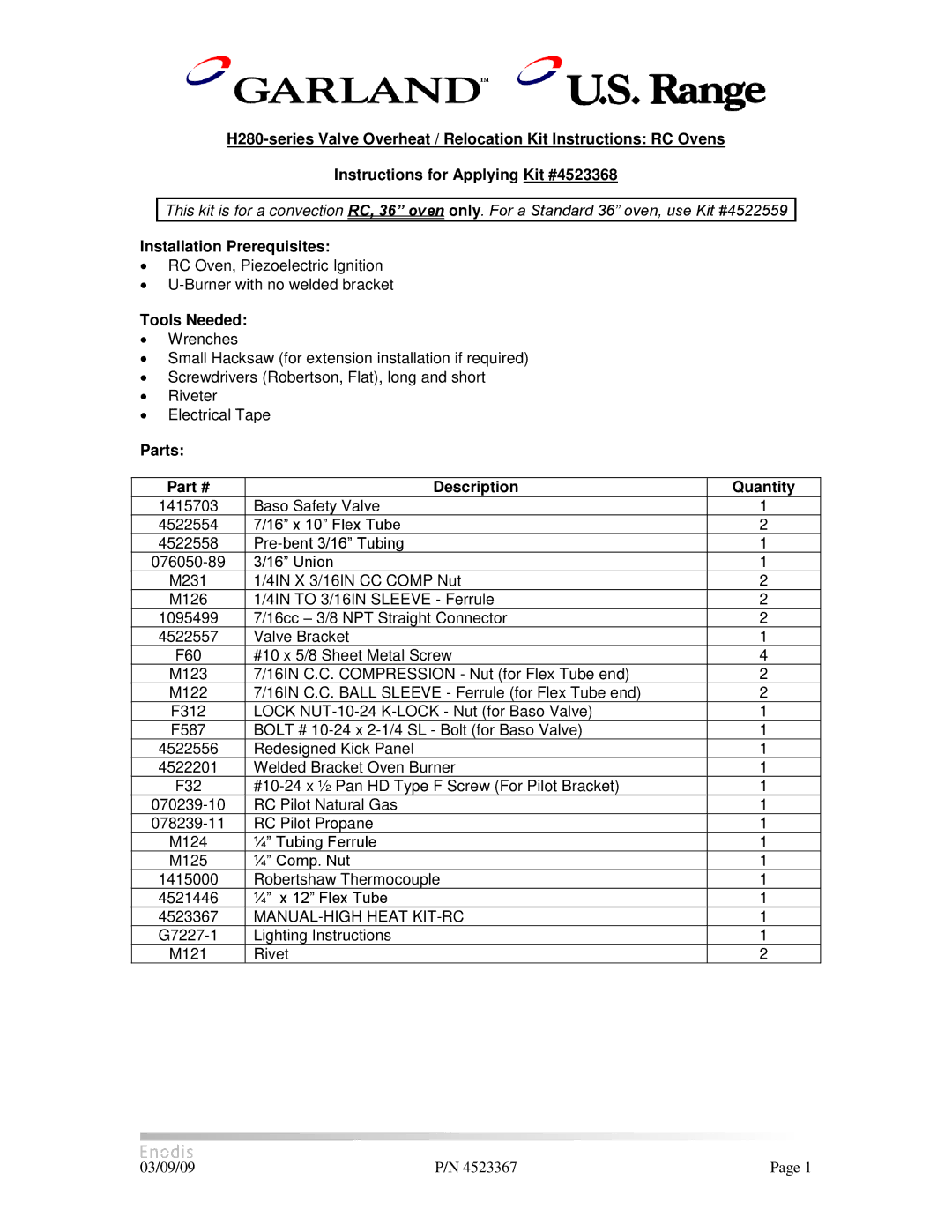 Garland H280 manual Installation Prerequisites 