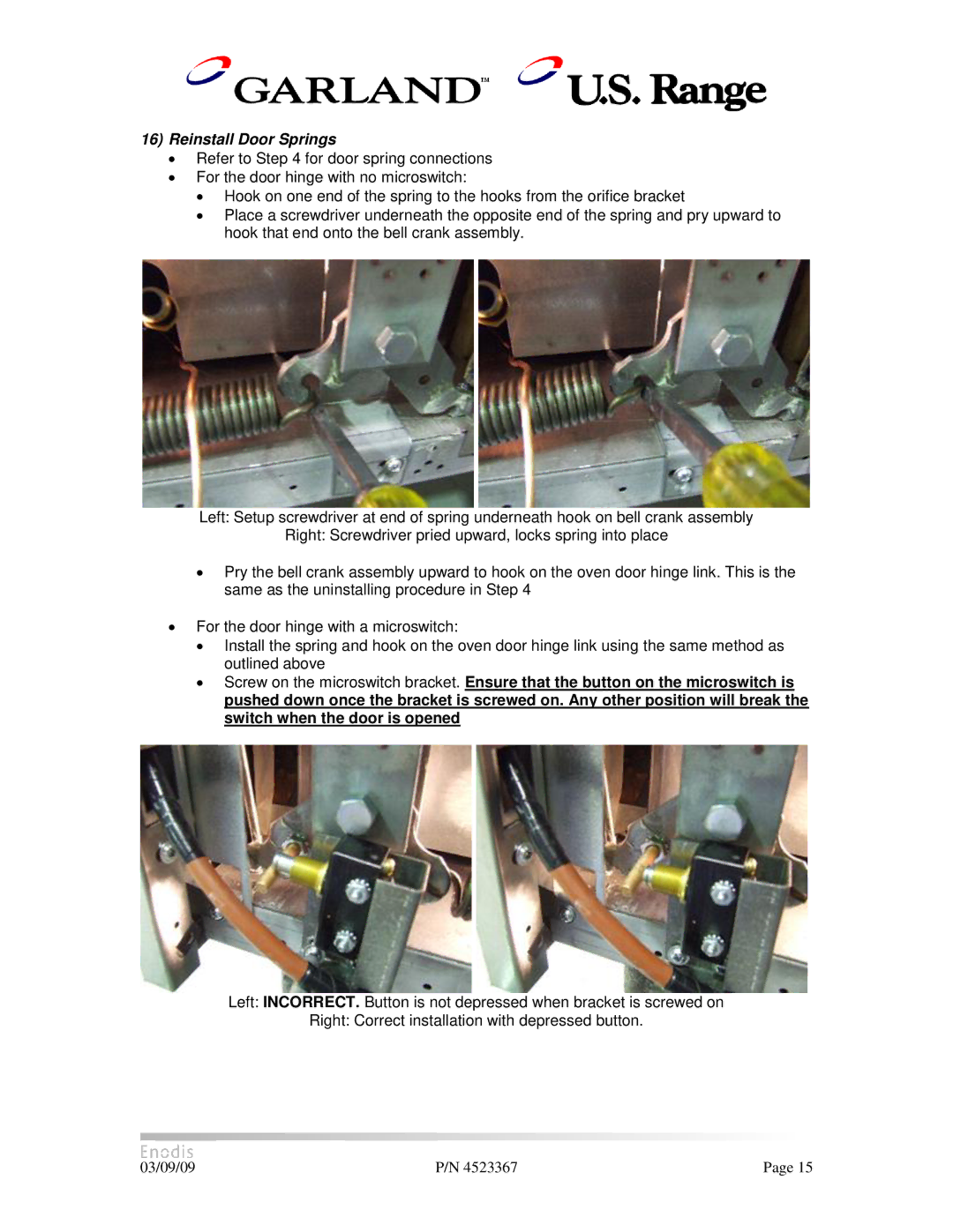 Garland H280 manual Reinstall Door Springs 