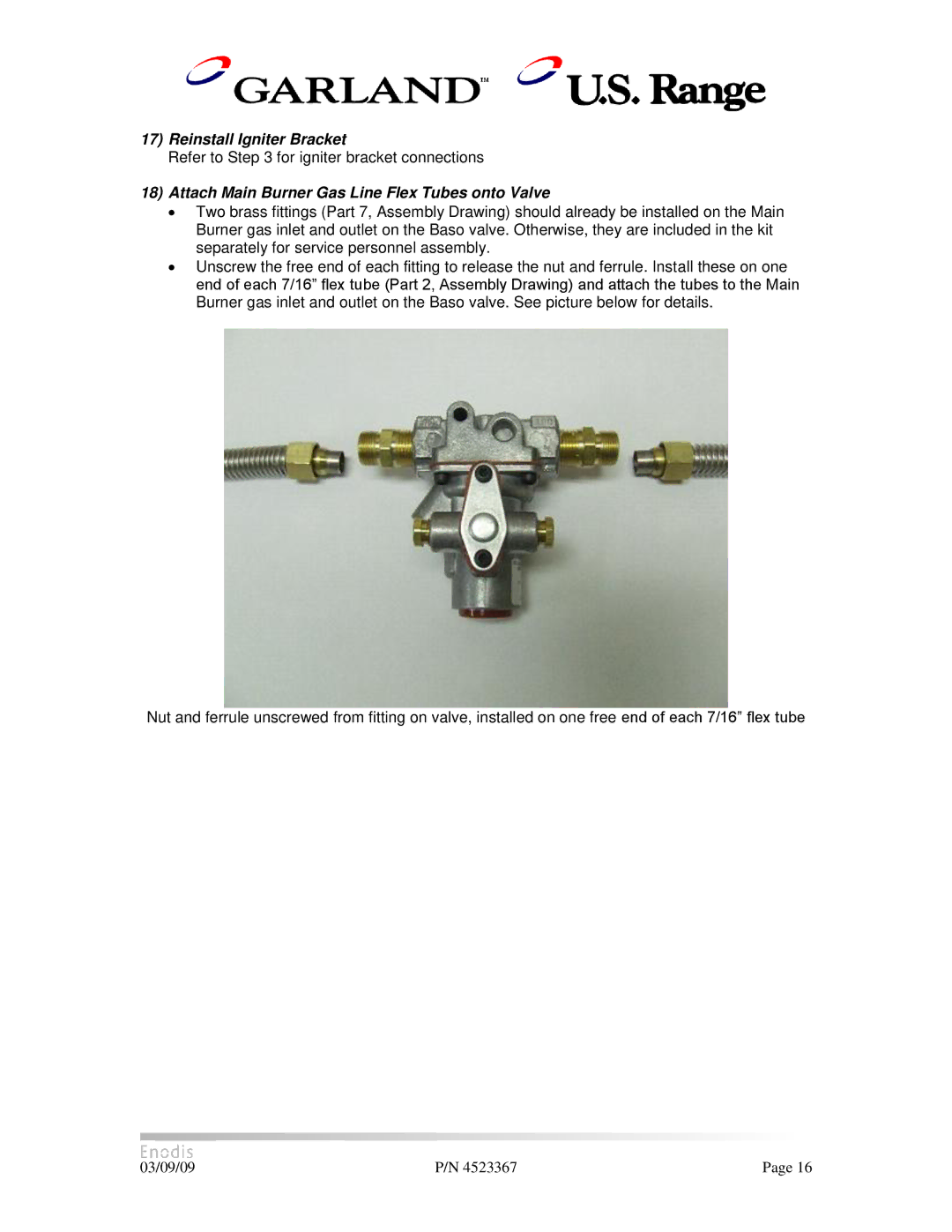 Garland H280 manual Reinstall Igniter Bracket, Attach Main Burner Gas Line Flex Tubes onto Valve 