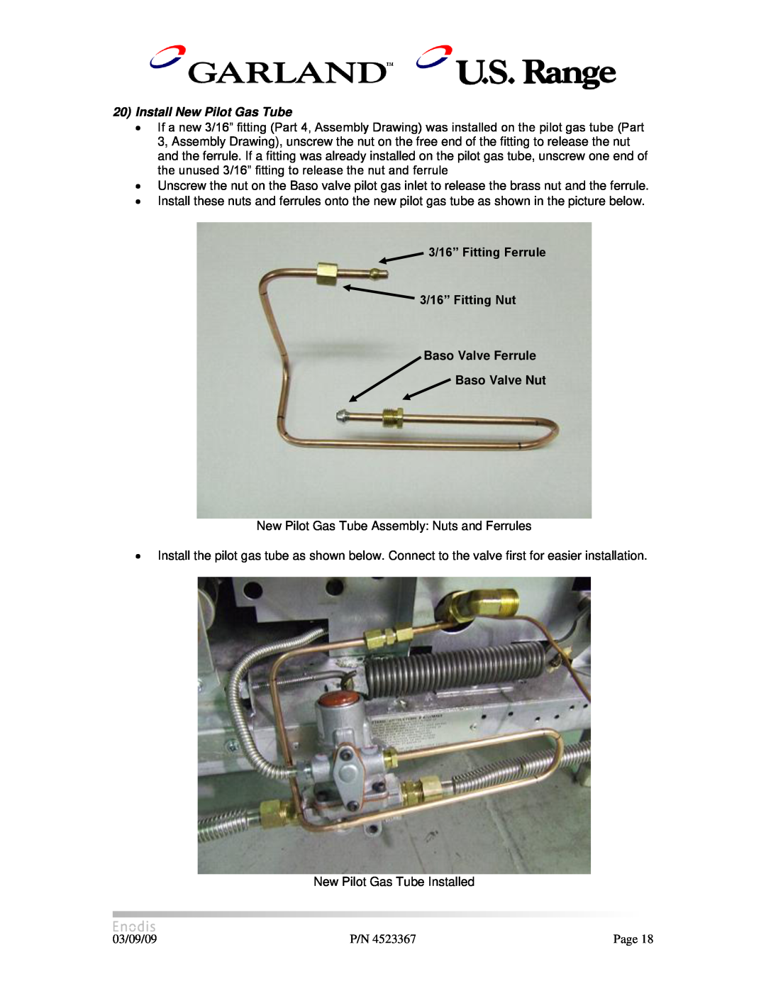 Garland H280 manual Install New Pilot Gas Tube, 3/16” Fitting Ferrule 3/16” Fitting Nut Baso Valve Ferrule, Baso Valve Nut 