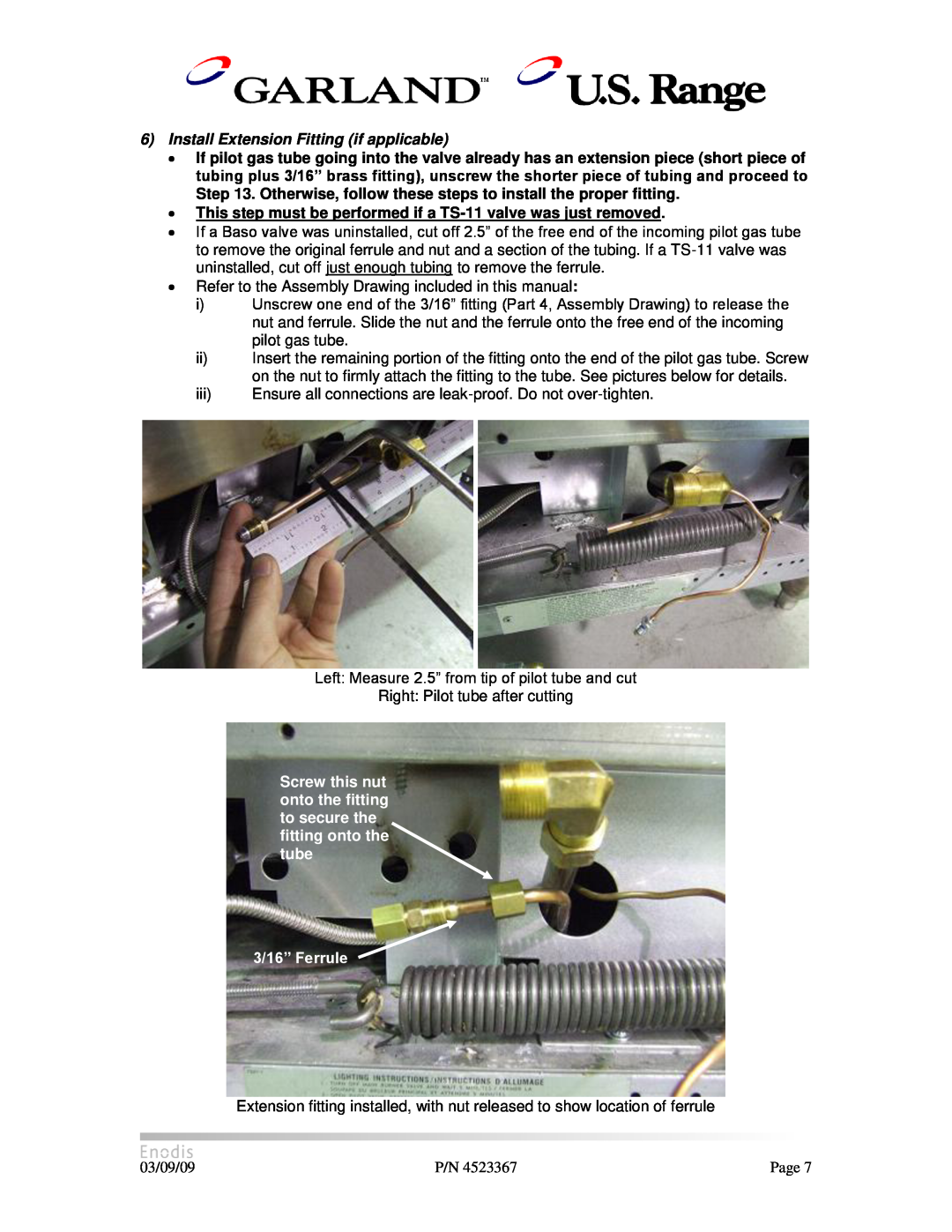 Garland H280 manual Install Extension Fitting if applicable, Otherwise, follow these steps to install the proper fitting 