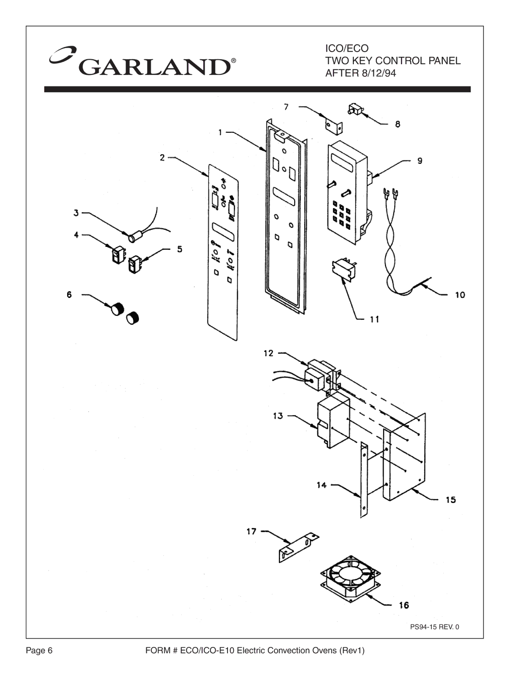 Garland EC0-E-20, ICO-E-20, ECO-E10, ICO-E10 manual ICO/ECO TWO KEY Control Panel After 8/12/94 