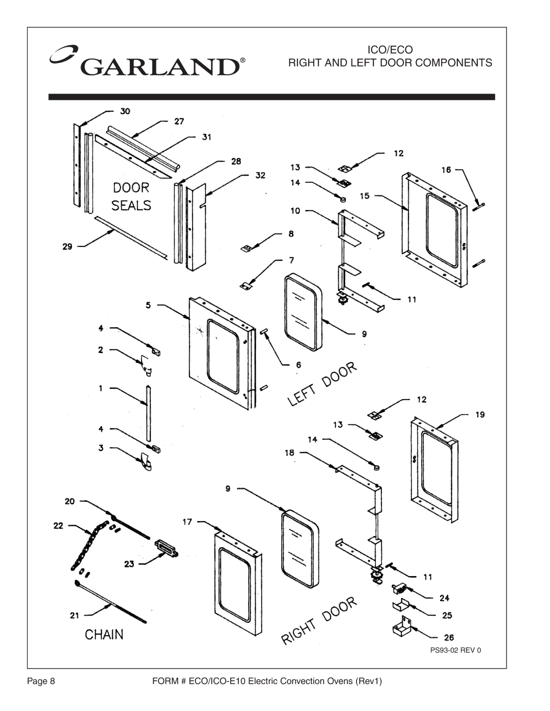 Garland ICO-E-20, ECO-E10, EC0-E-20, ICO-E10 manual ICO/ECO Right and Left Door Components 