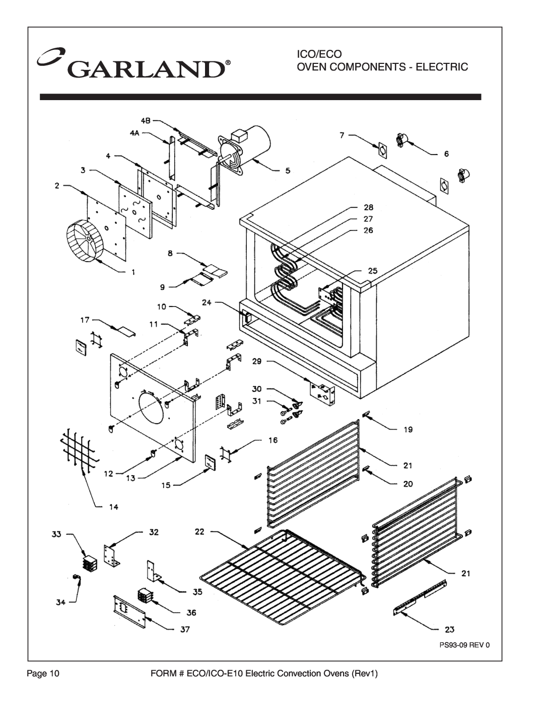 Garland EC0-E-20, ICO-E-20, ECO-E10, ICO-E10 manual Ico/Eco Oven Components - Electric, PS93-09REV 