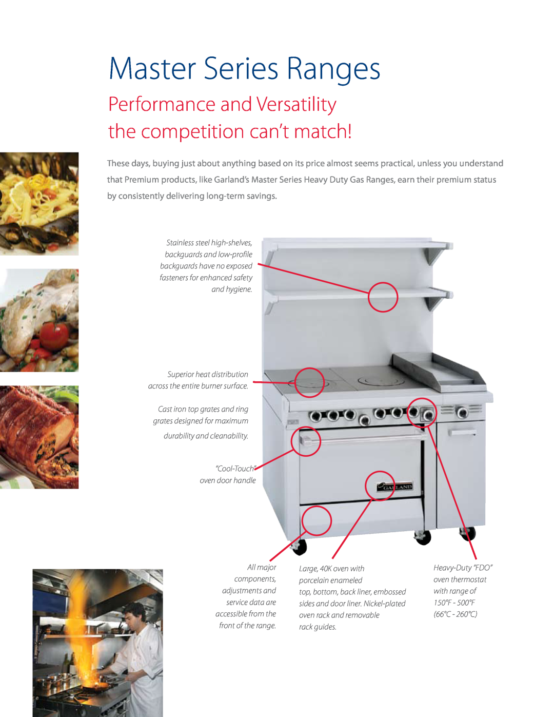Garland manual Master Series Ranges, durability and cleanability, rack guides, “Cool-Touch”oven door handle 