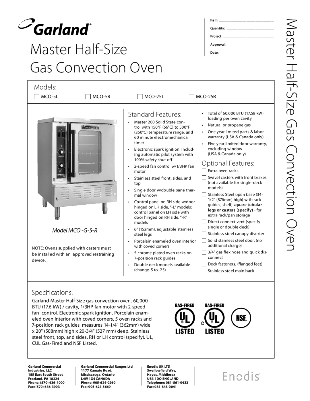 Garland MCO-25R, MCO-5R, MCO-25L, MCO-5L specifications Models, Standard Features, Optional Features, Specifications 