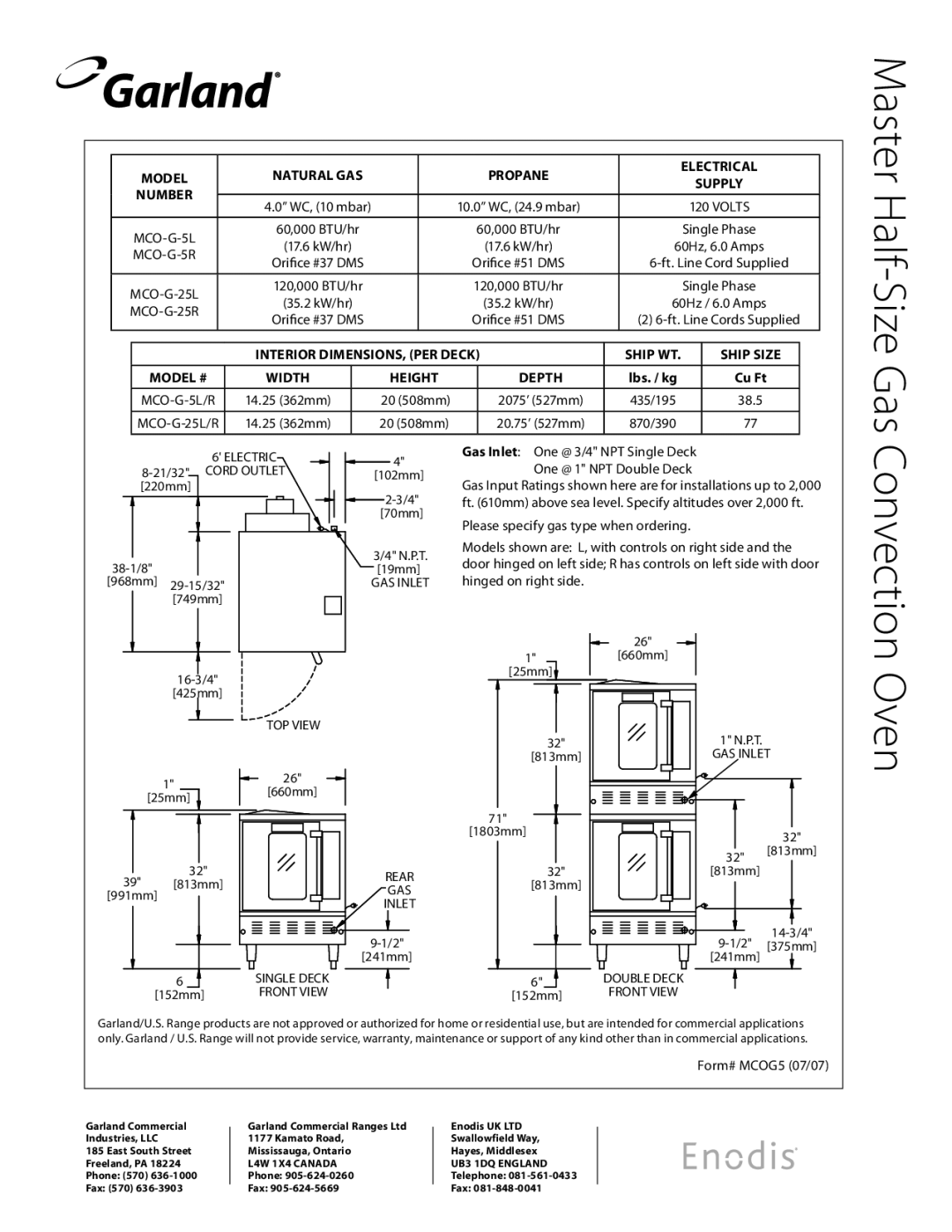 Garland MCO-25L Model Natural GAS Propane Electrical, Interior DIMENSIONS, PER Deck Ship WT Ship Size, Width Height Depth 