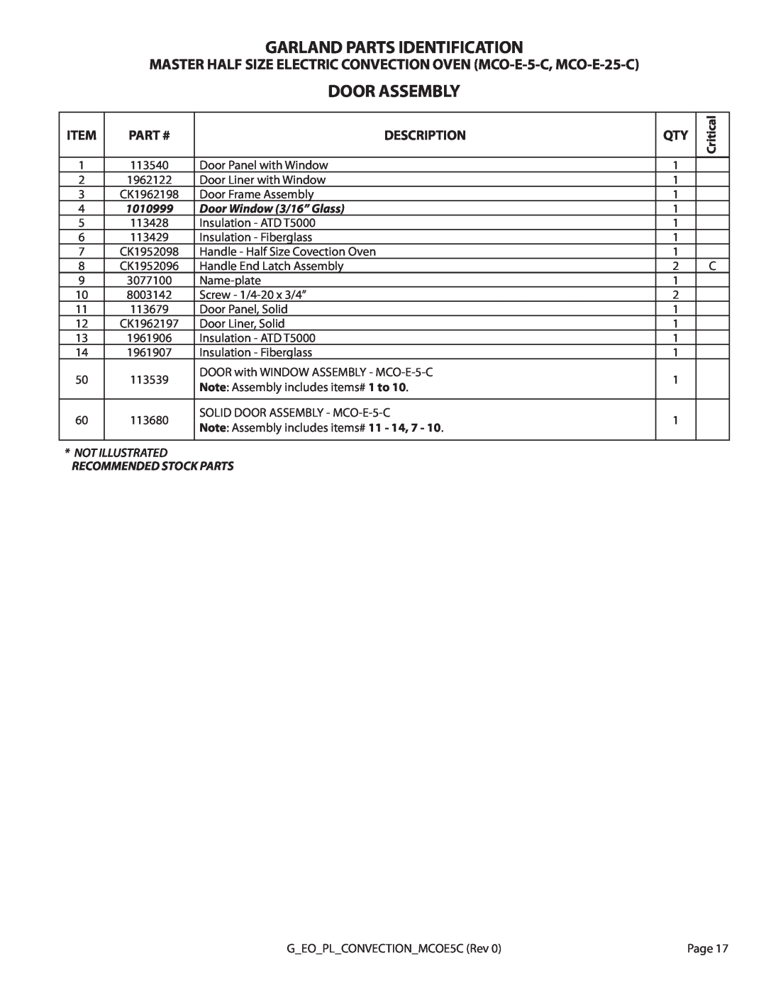 Garland MCO-E-25-C, MCO-E-5-C manual Door Assembly, Garland Parts Identification, Part #, Description 