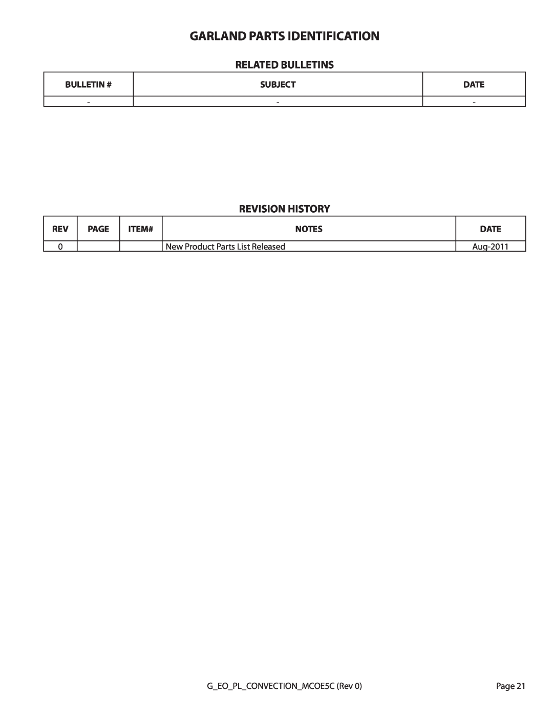 Garland MCO-E-25-C, MCO-E-5-C manual Related Bulletins, Garland Parts Identification, Revision History 