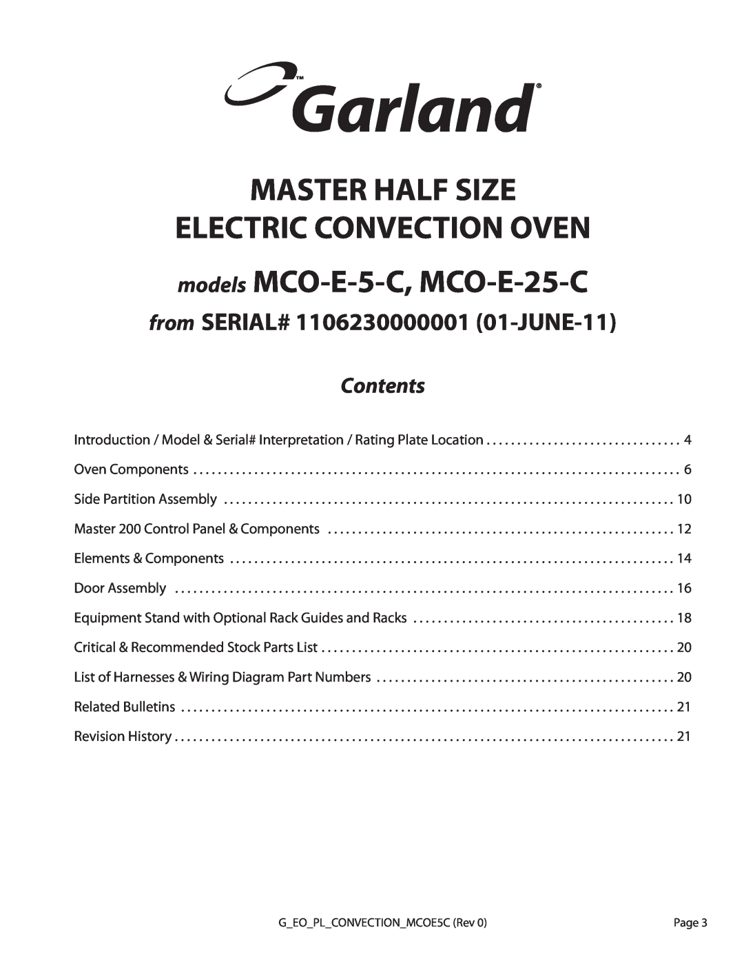 Garland Master Half Size Electric Convection Oven, models MCO-E-5-C, MCO-E-25-C, from SERIAL# 1106230000001 01-JUNE-11 