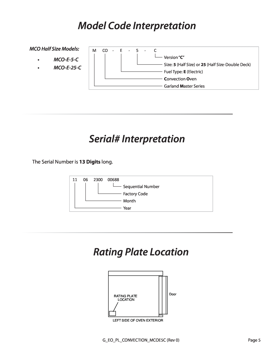 Garland MCO-E-25-C manual Model Code Interpretation, Serial# Interpretation, Rating Plate Location, M CO - E - 5 - C, Door 