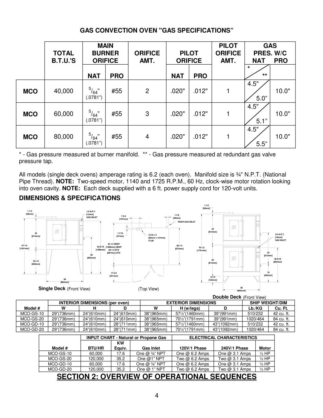 Garland MCO-GD-10M GAS Convection Oven GAS Specifications Main Pilot Total, Pilot Orifice PRES. W/C, AMT Orifice NAT PRO 