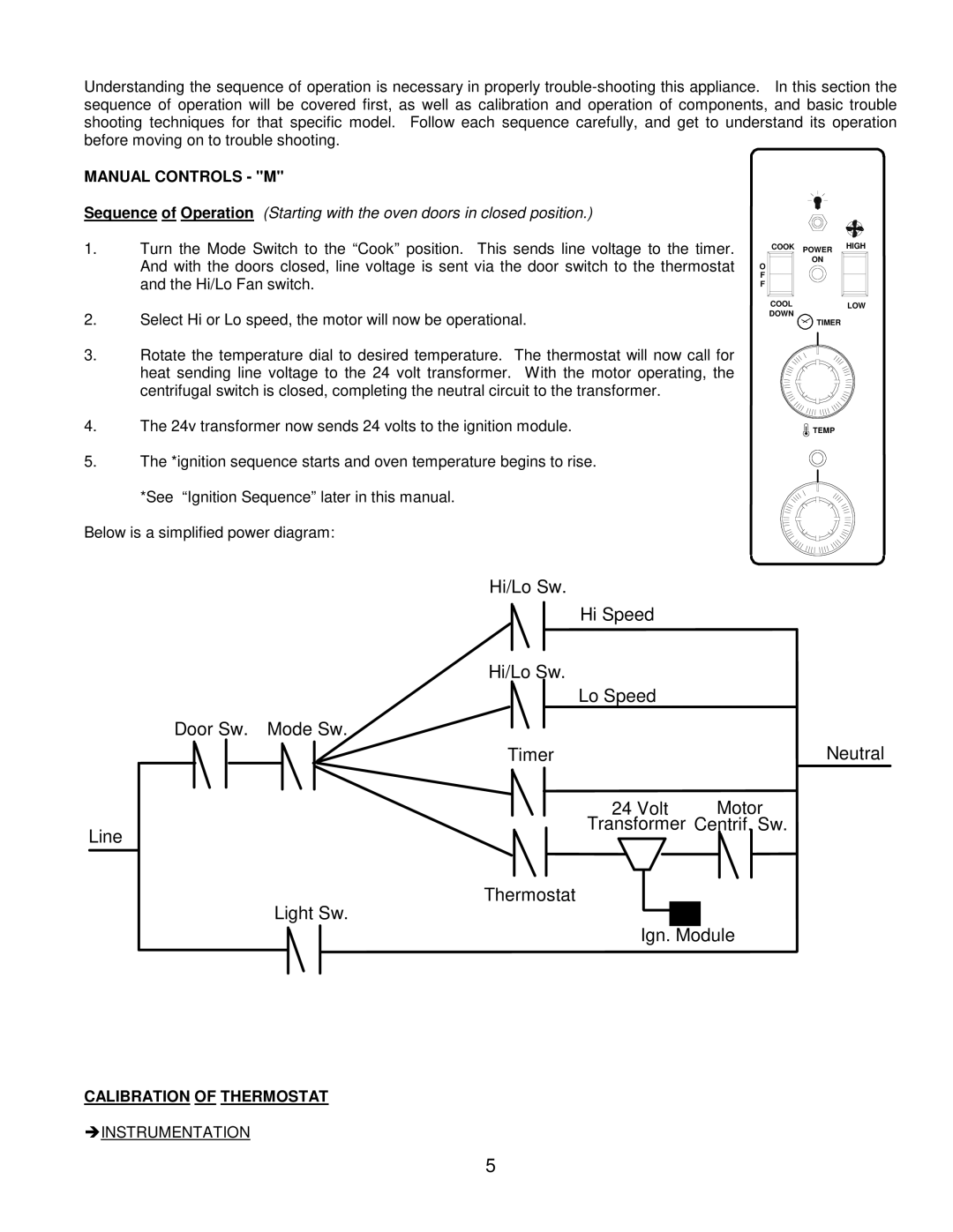 Garland MCO-GS-10M, MCO-GD-10M, MCO-GD-10E, MCO-GS-10E Manual Controls M, Calibration of Thermostat, Instrumentation 