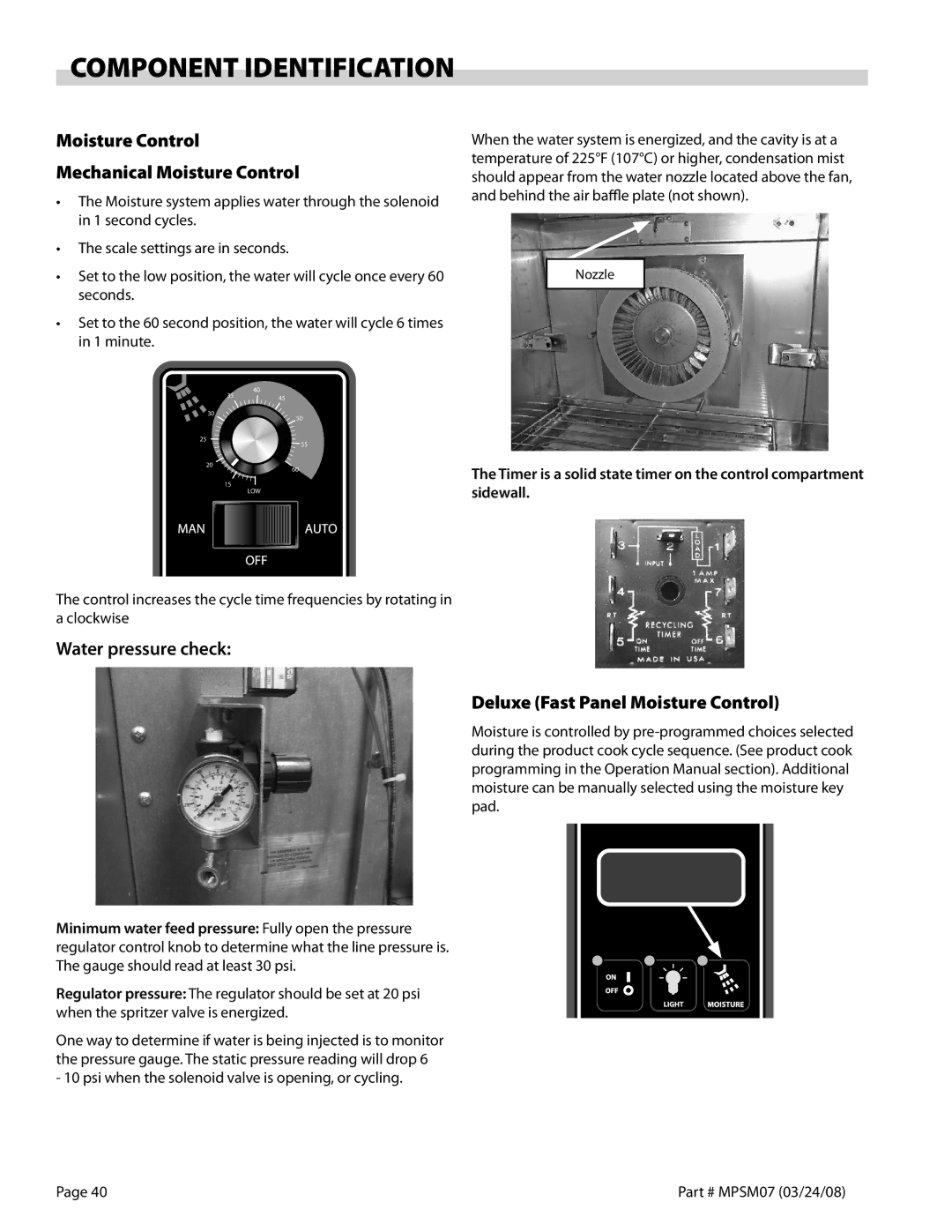 Garland MP-GD-10-S, MP-GS Component Identification, Moisture Control Mechanical Moisture Control, Water pressure check 