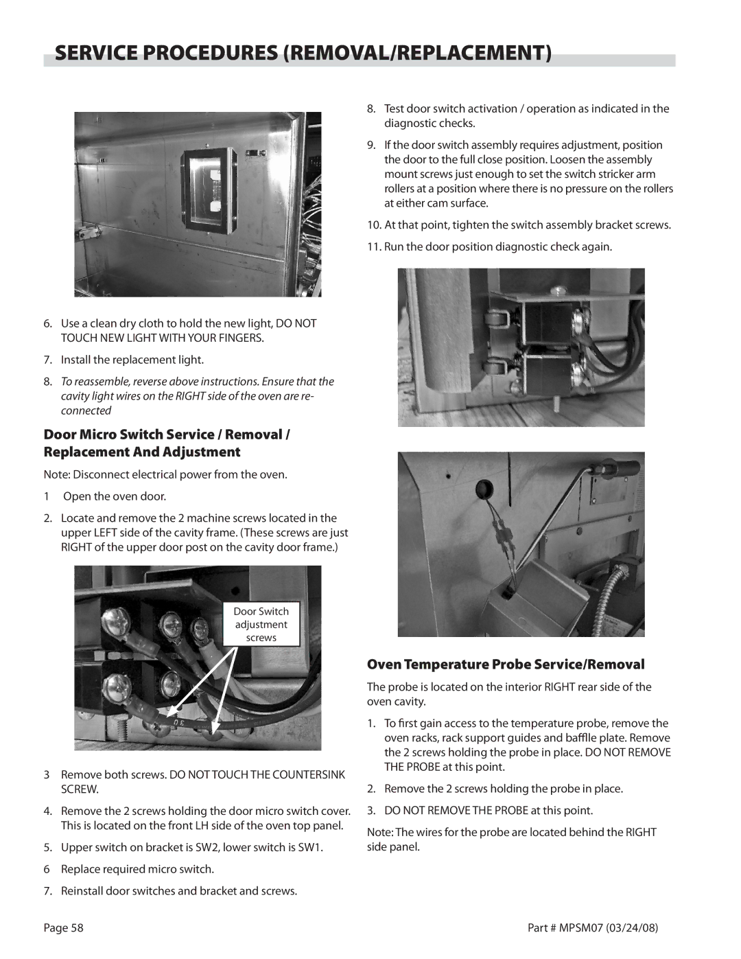 Garland MP-GD-10-S, MP-GS Oven Temperature Probe Service/Removal, Remove both screws.. do not Touch the Countersink Screw 