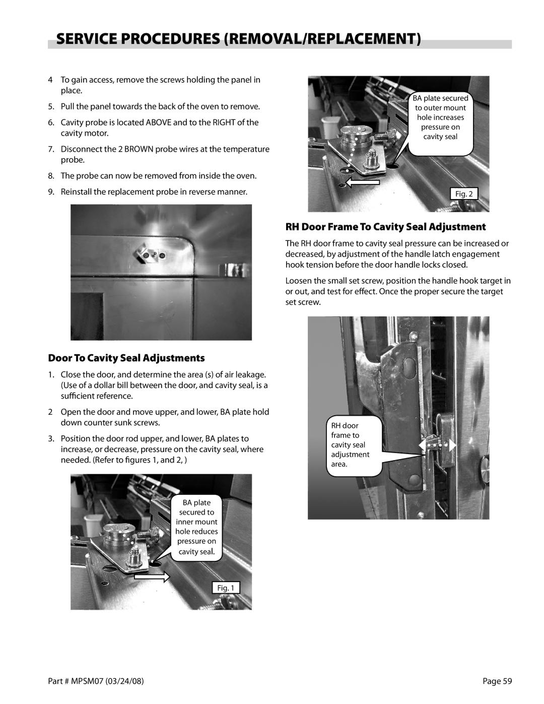 Garland MP-GS, MP-GD-10-S service manual RH Door Frame To Cavity Seal Adjustment, Door To Cavity Seal Adjustments 