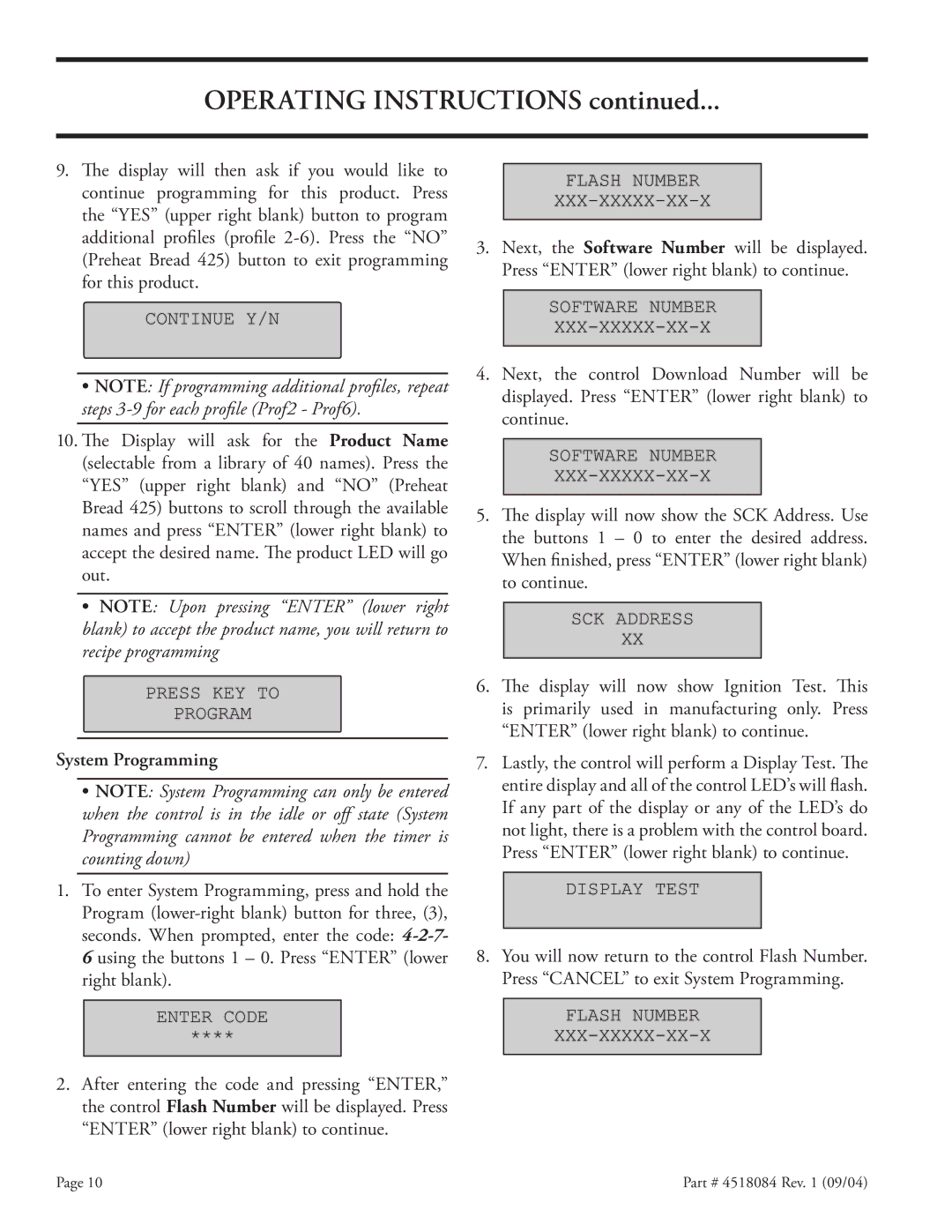 Garland MPOE5L operating instructions System Programming 