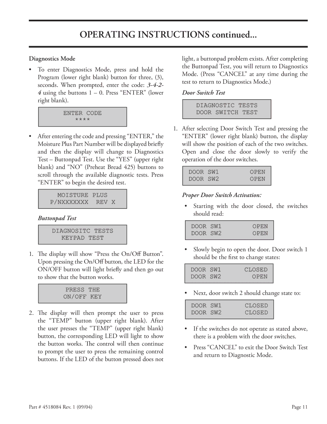 Garland MPOE5L operating instructions Diagnostics Mode, Buttonpad Test 