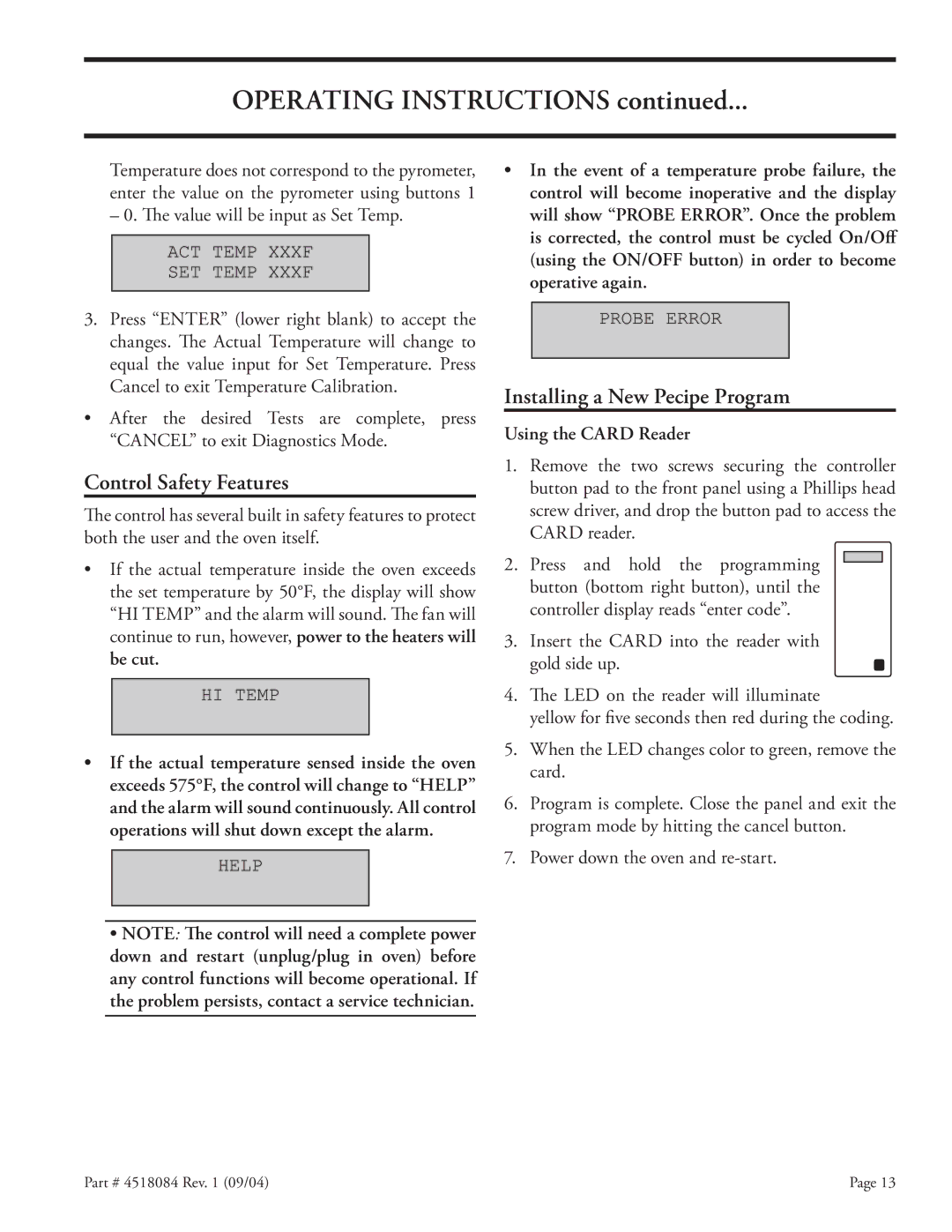 Garland MPOE5L operating instructions Control Safety Features, Installing a New Pecipe Program, Using the Card Reader 