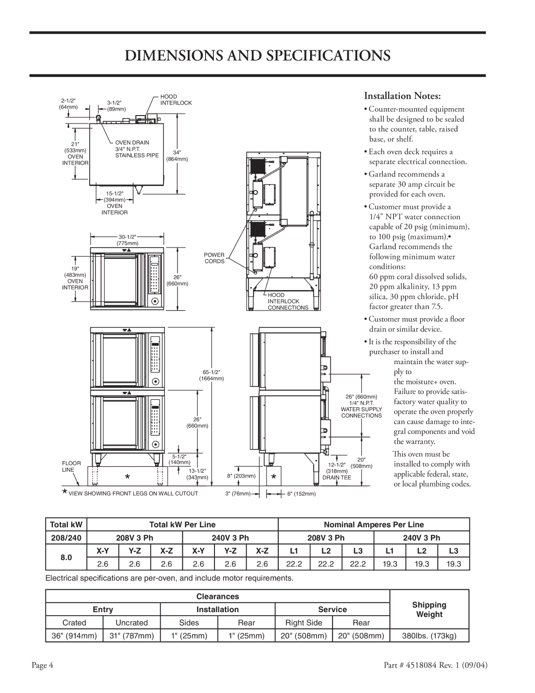 Garland MPOE5L operating instructions Dimensions and Specifications, Installation Notes 