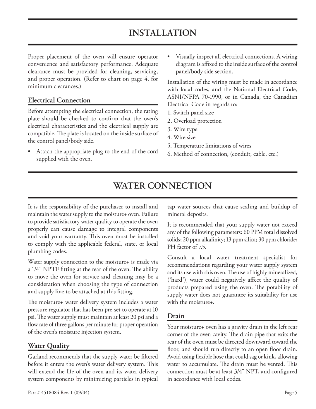 Garland MPOE5L operating instructions Installation, Water Connection, Electrical Connection, Water Quality, Drain 