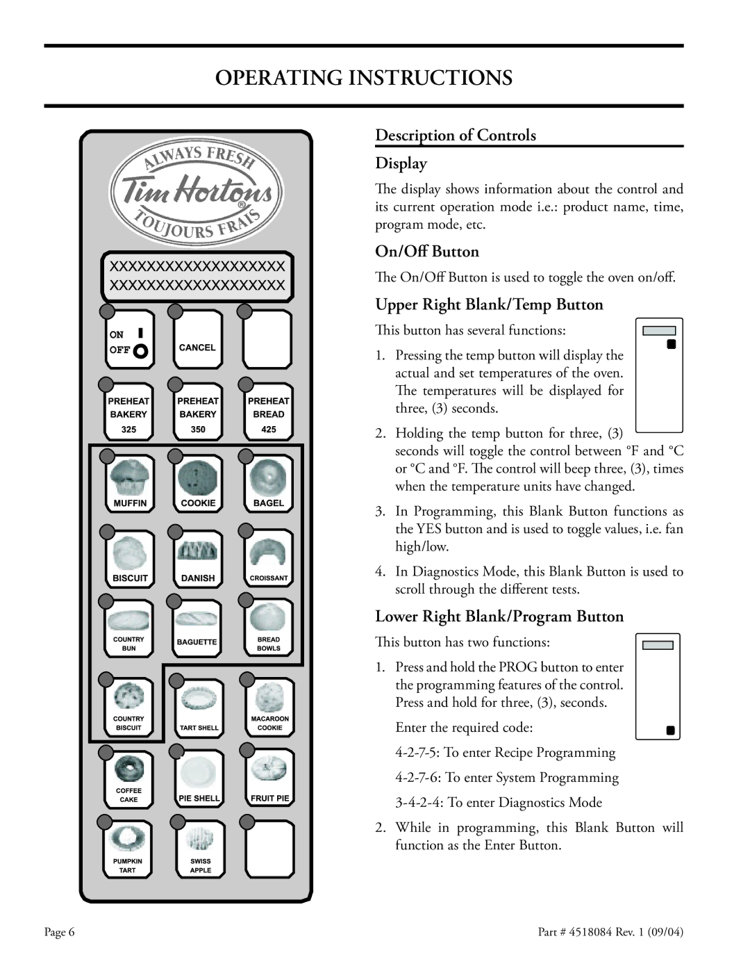 Garland MPOE5L Operating Instructions, Description of Controls Display, On/Oﬀ Button, Upper Right Blank/Temp Button 