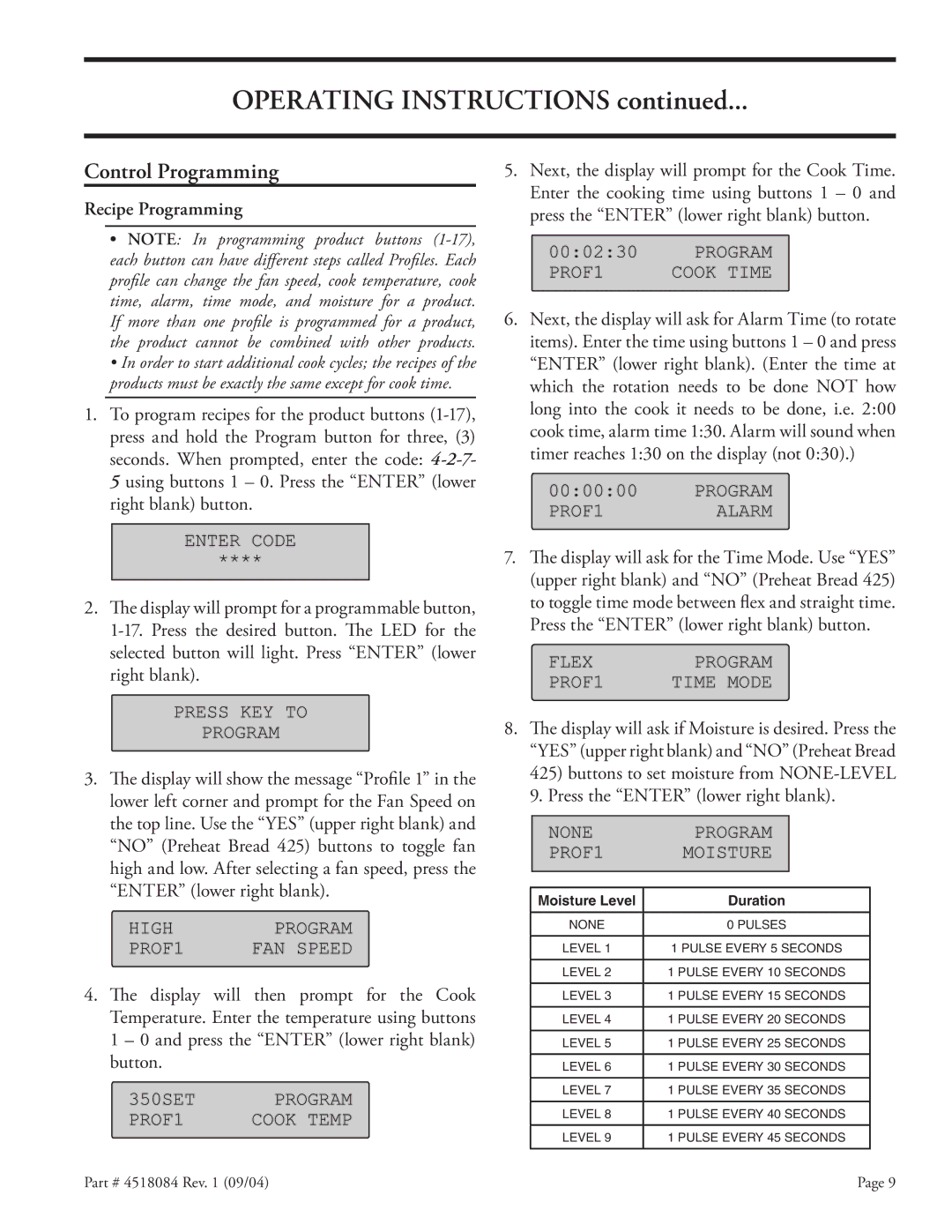 Garland MPOE5L operating instructions Control Programming, Recipe Programming 