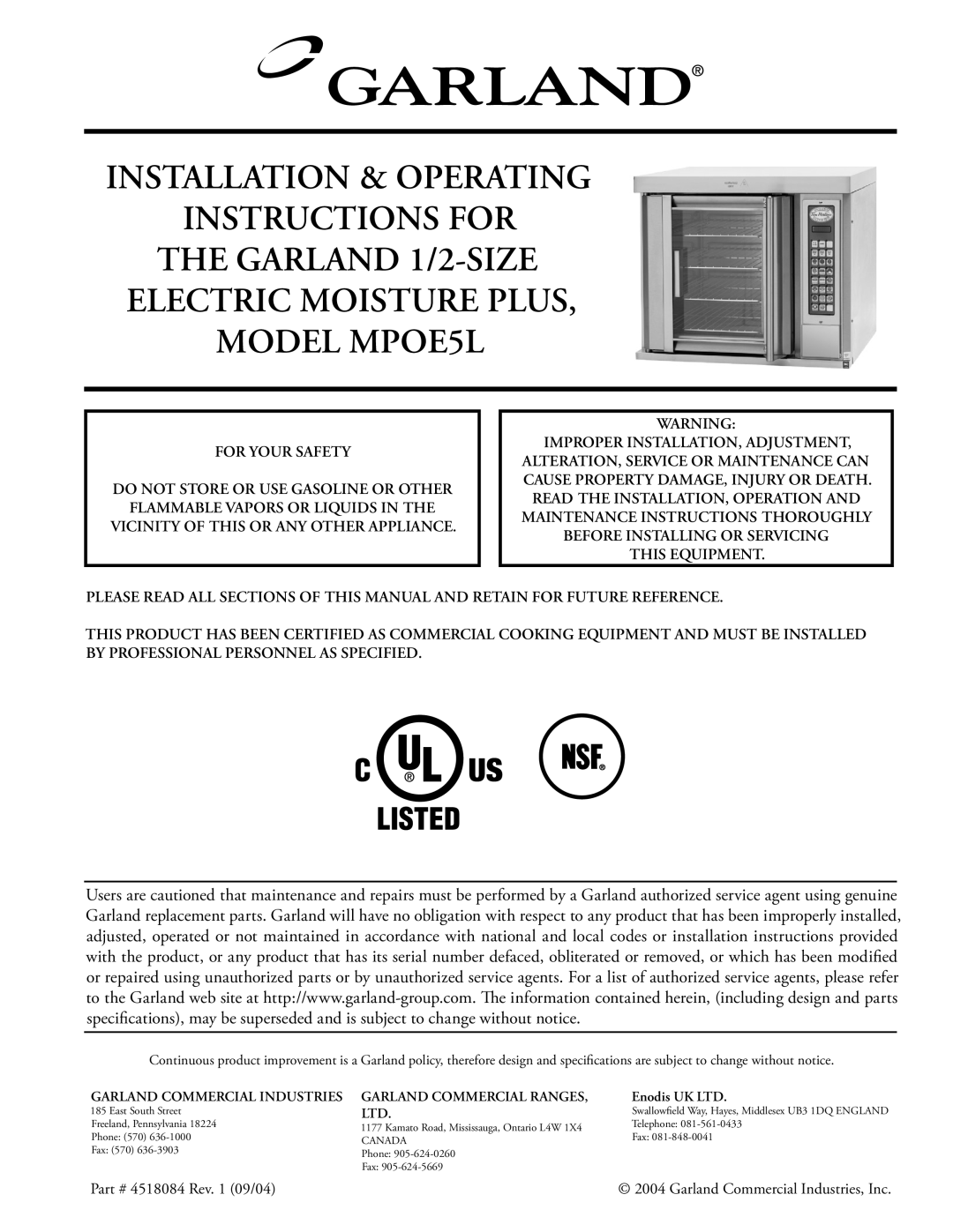 Garland MPOE5L operating instructions Installation & Operating Instructions For, For Your Safety, This Equipment 