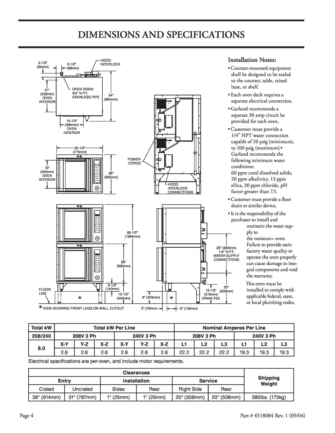 Garland MPOE5L operating instructions Dimensions And Specifications, Installation Notes 