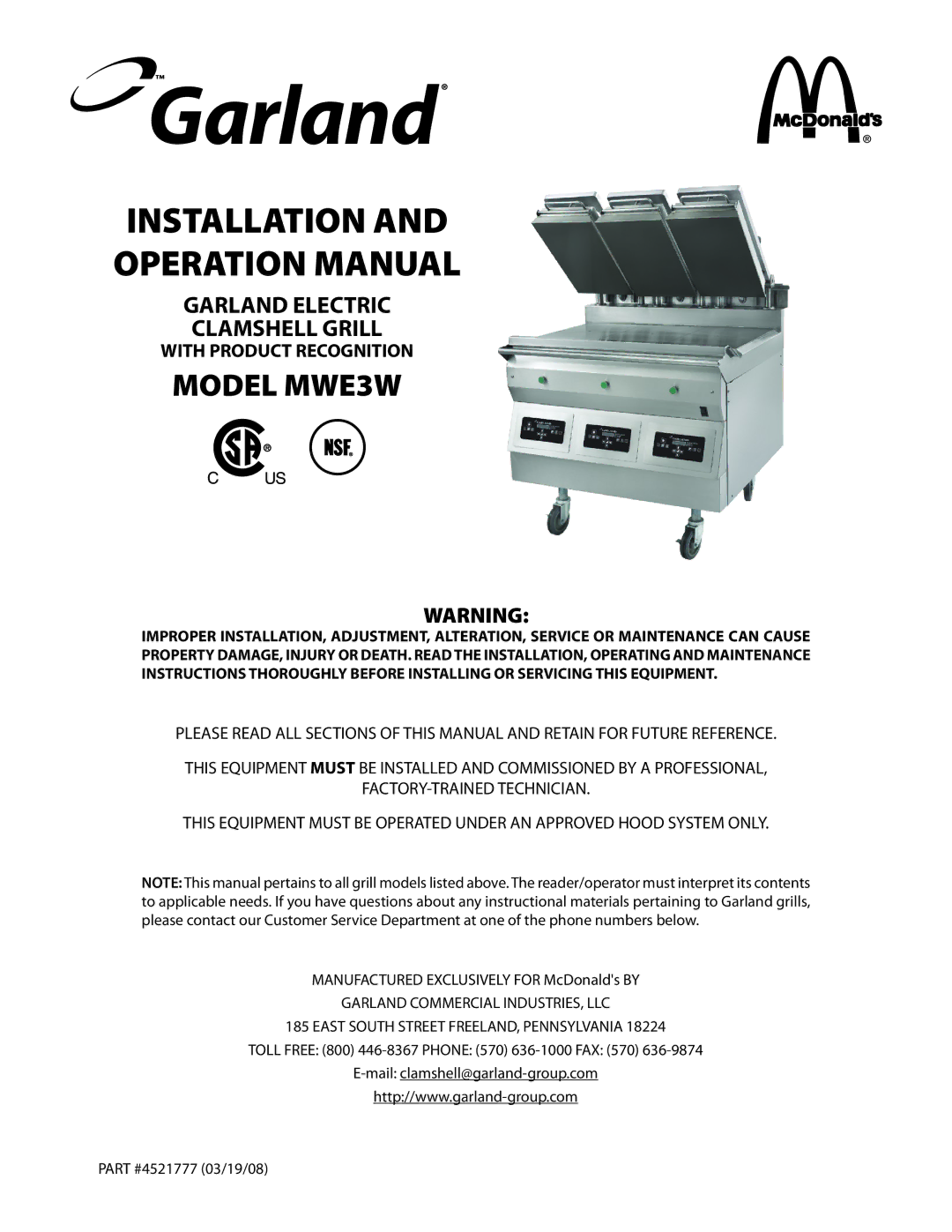 Garland MWE3W operation manual Installation, Manufactured Exclusively for McDonalds by 